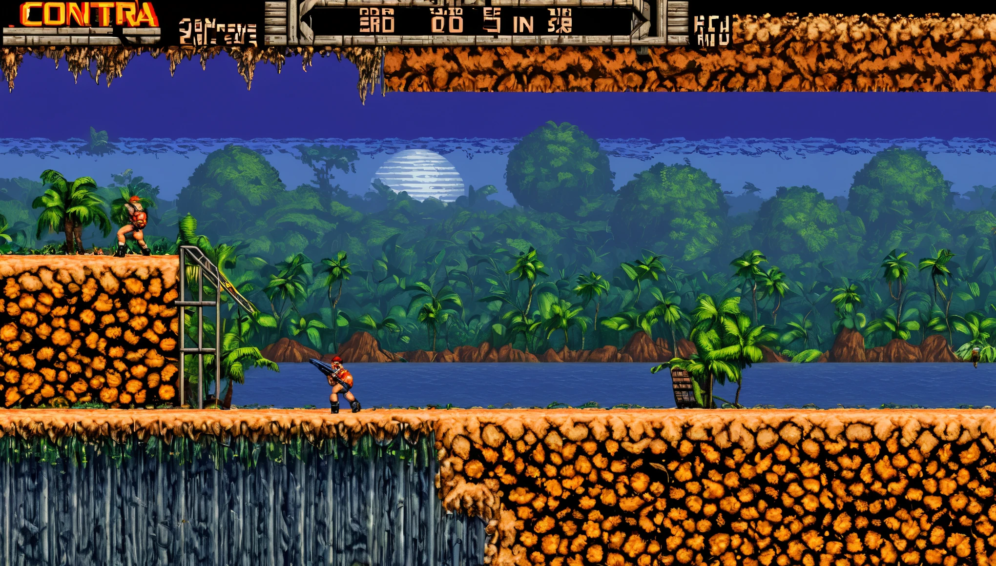 (best quality,4k,8k,highres,masterpiece:1.2),ultra-detailed,16-bit retro game scene,platformer, A game scene from the retro game Contra, 16 bit, 16 bit color palette, retro textures, original gameplay, actual gameplay of Contra