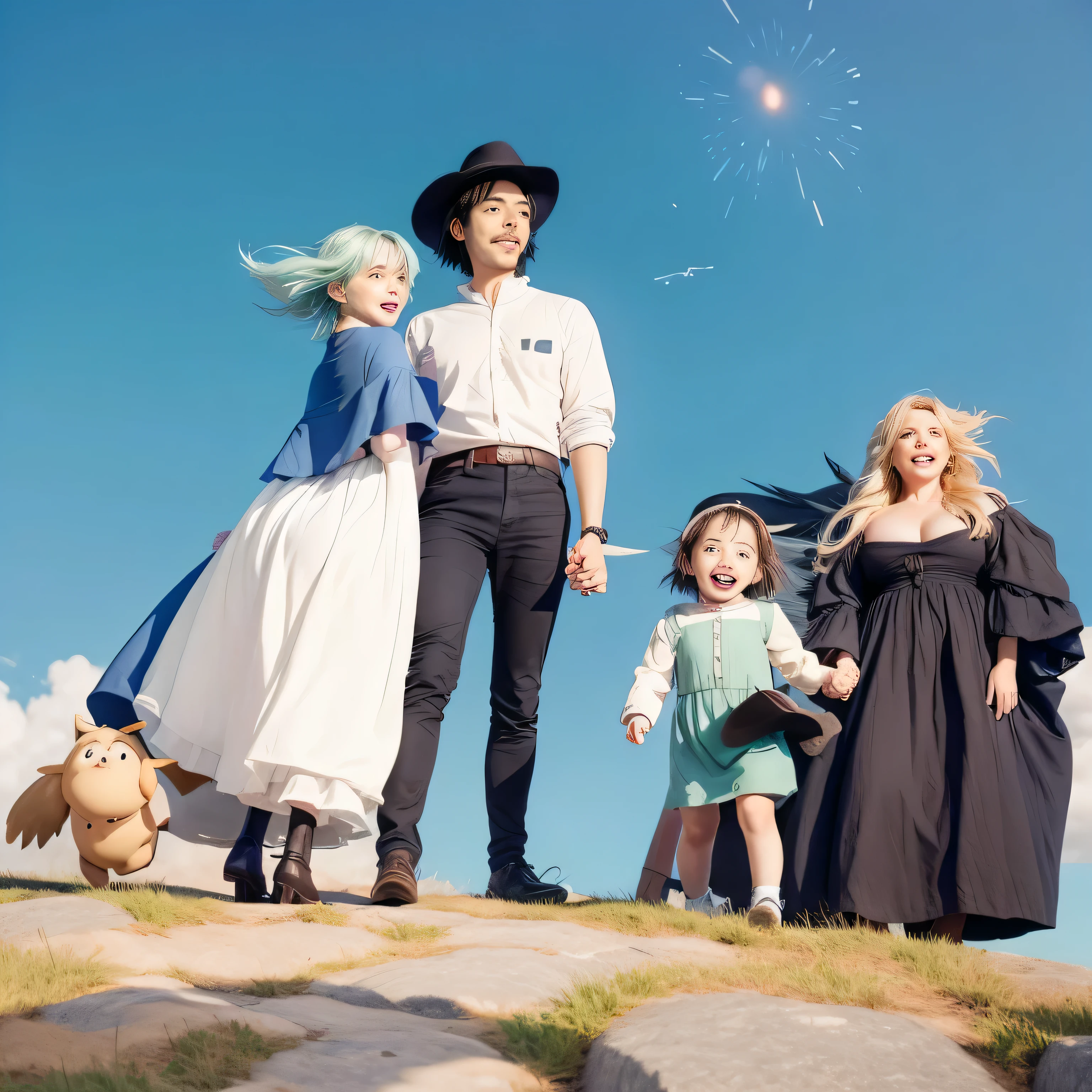 a cartoon picture of a family standing on a hill with a star in the sky, howls moving castle, howl’s moving castle, howl's moving castle, miyazaki's animated film, miyazaki film, moving castle, miyazaki movie, style in ghibli anime, ghibli animated film, style in ghibli anime style, ghibli and disney animation