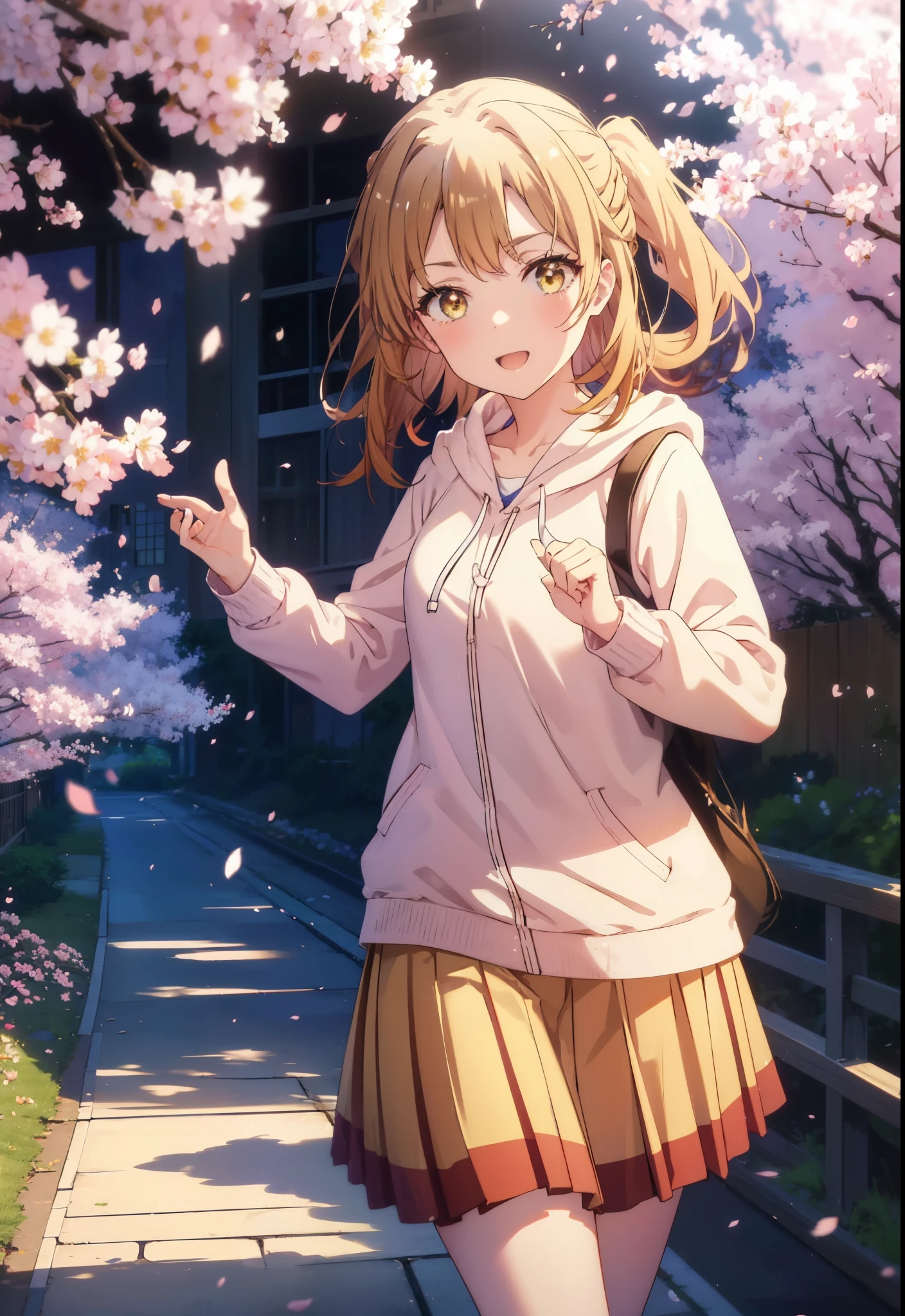 irohaisshiki, iroha isshiki, long hair, brown hair, (brown eyes:1.5), happy smile, smile, open your mouth,short braided hair,ponytail,animal ears fox ears,animal tail Fox tail oversized pink hoodie,yellow pleated long skirt,white pantyhose,Mini Boots,walking,Cherry blossom tree-lined path,cherry blossoms are blooming,Cherry blossoms are scattered,昼
break outdoors, garden,
break looking at viewer, (cowboy shot:1. 5)
break (masterpiece:1.2), highest quality, High resolution, unity 8k wallpaper, (figure:0.8), (beautiful deしっぽed eyes:1.6), extremely deしっぽed face, perfect lighting, extremely deしっぽed CG, (perfect hands, perfect anatomy),