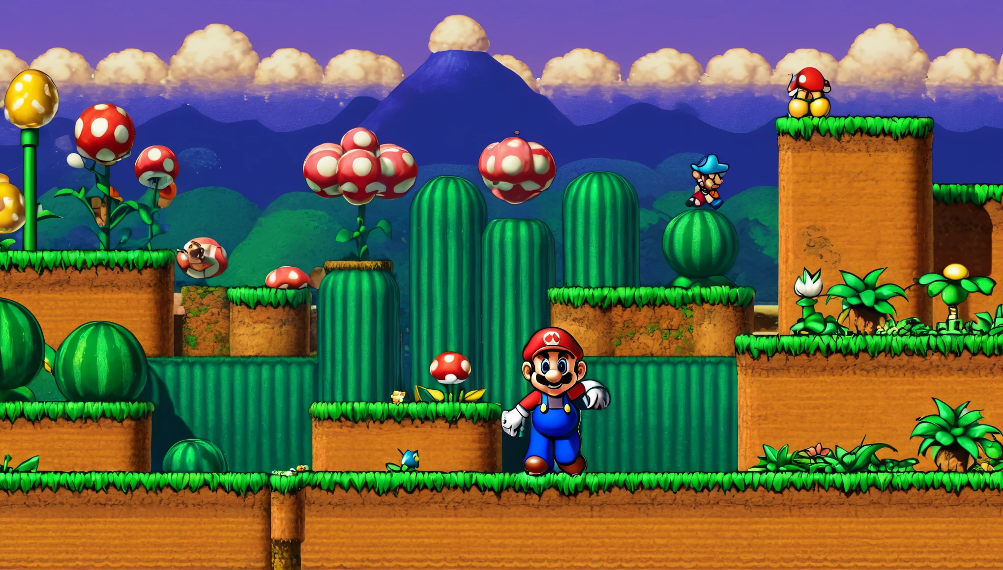 (best quality,4k,8k,highres,masterpiece:1.2),ultra-detailed,16-bit retro game scene, A game scene from the retro game Super Mario, 16 bit, 16 bit color palette, retro textures, original gameplay, actual gameplay of Super Mario