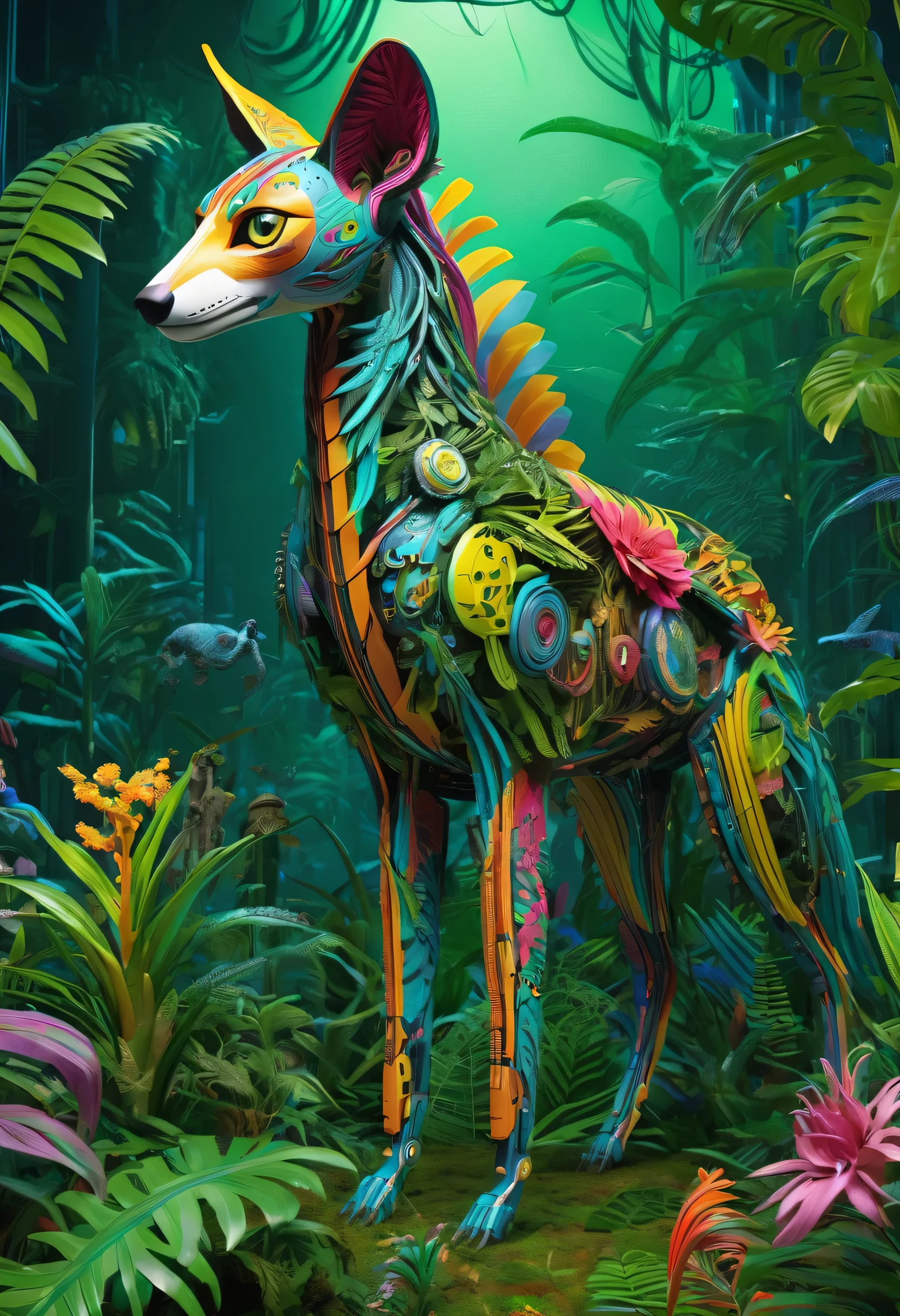 future where genetic engineering incorporates living organisms into their art pieces, covered by fauna, flora. alebrije, masterpiece, UHD, axonometric view, jungle. cyberpunk