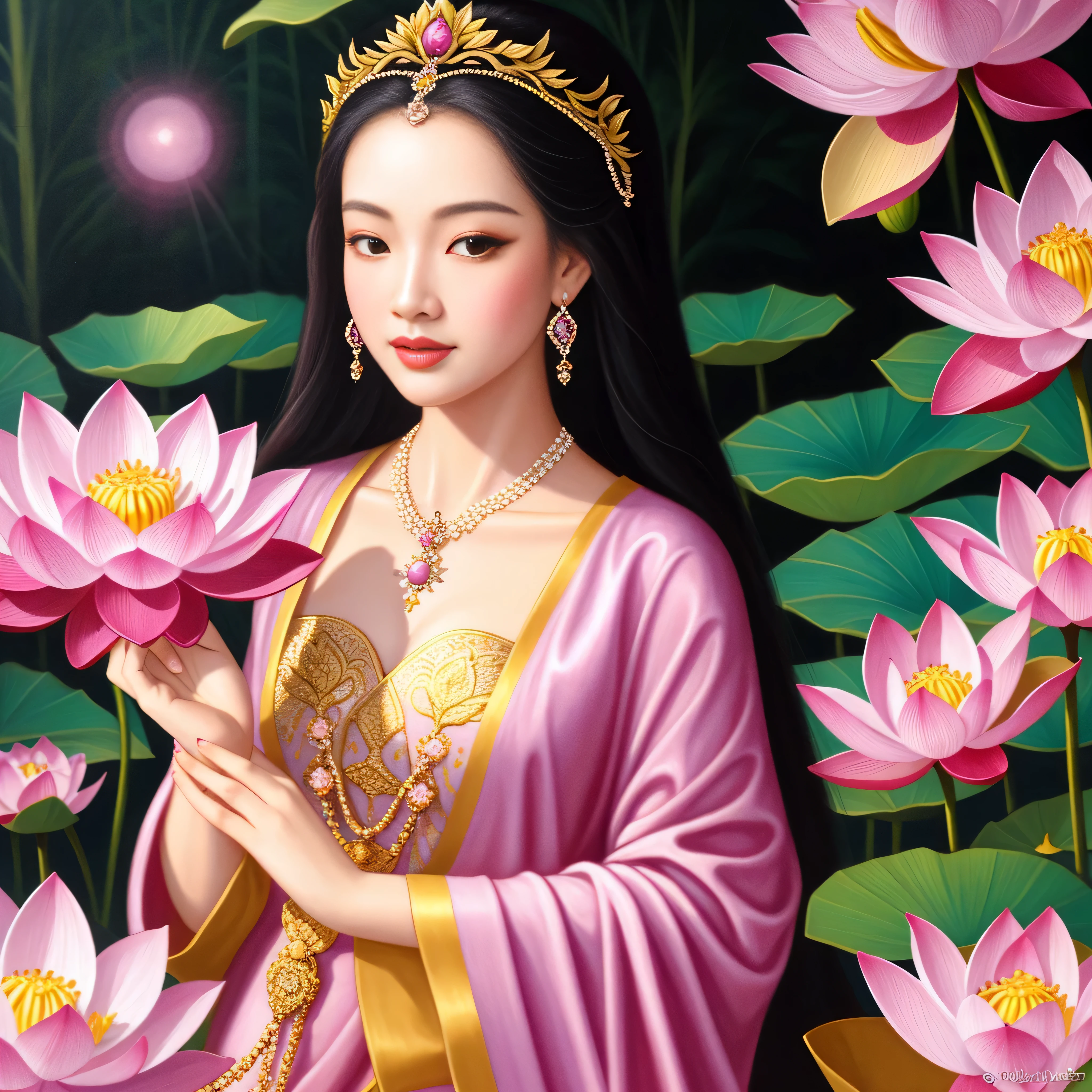 a painting of a woman holding a flower in her hands, gilded lotus princess, goddess of love and peace, thailand art, flower goddess, a beautiful fantasy empress, pink lotus queen, a goddess in a field of flowers, goddess. extremely high detail, portrait of a beautiful goddess, as the goddess of the sun, beautiful goddess, ((a beautiful fantasy empress))