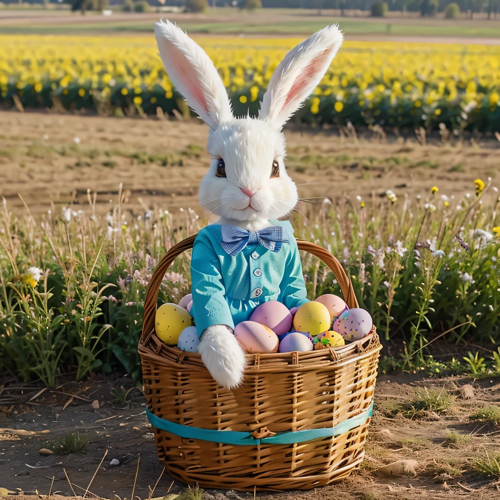 Easter bunny with a basket of colorful eggs in a beautiful field in the background