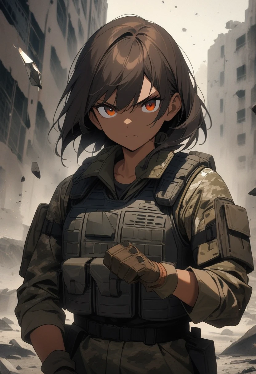 1girl, solo, Filipino woman, 26 years old, tanned bronze skin, amber eyes, (Wearing: USA marine corps uniform, camouflage military uniform, bullet proof vest, pants, utility belt, armor and gloves), closed mouth, hair between eyes,  looking at viewer, she's looking into the camera with a fierce and serious gaze. (outdoors, warzone, ruined city background, Debris, smoke, shattered glass and ruined cars are in the surroundings), serious face, upper body, masterpiece, best quality, very aesthetic, gritty tone, absurdres