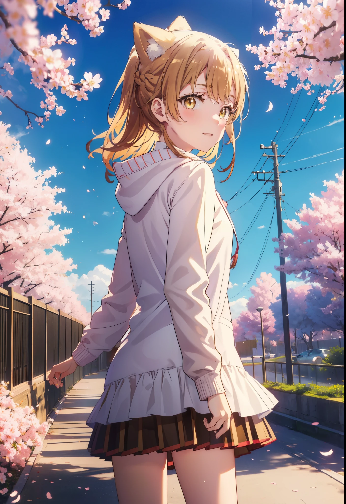 irohaisshiki, iroha isshiki, long hair, brown hair, (brown eyes:1.5), happy smile, smile, open your mouth,short braided hair,ponytail,animal ears　fox ears,animal tail　Fox tail oversized pink hoodie,yellow pleated long skirt,white pantyhose,Mini Boots,walking,Cherry blossom tree-lined path,cherry blossoms are blooming,Cherry blossoms are scattered,Looking up from the afternoon,
break outdoors, garden,
break looking at viewer, Upper body,(cowboy shot:1. 5)
break (masterpiece:1.2), highest quality, High resolution, unity 8k wallpaper, (figure:0.8), (beautiful deしっぽed eyes:1.6), extremely deしっぽed face, perfect lighting, extremely deしっぽed CG, (perfect hands, perfect anatomy),