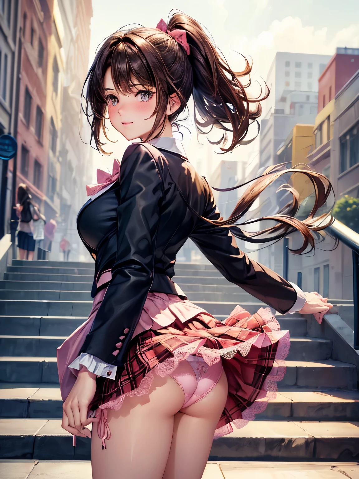 ((highest quality, High resolution, perfect pixel, 4k))), 1 woman, beautiful woman、I could see the whole body、walking down the subway stairs、lots of commuters、 ((ponytail, bangs, brown hair)), ((brown eyes, beautiful eyelashes, realistic eyes)), ((detailed face, blush:1.2))、((smooth texture:0.75, realistic texture:0.65, realistic:1.1, Anime CG style)), large breast, dynamic angle, perfect body, ((red bow tie, Black open jacket, white shirt, black skirt, plaid skirt)), city stairs、Looking up from the bottom of the stairs、embarrassing smile, looked back、lean forward、The bra is slightly transparent、(The wind flipped up my skirt、:1.5)、(Highly detailed and luxuriously decorated panties、pink lace satin panties:1.3), Angle from the front