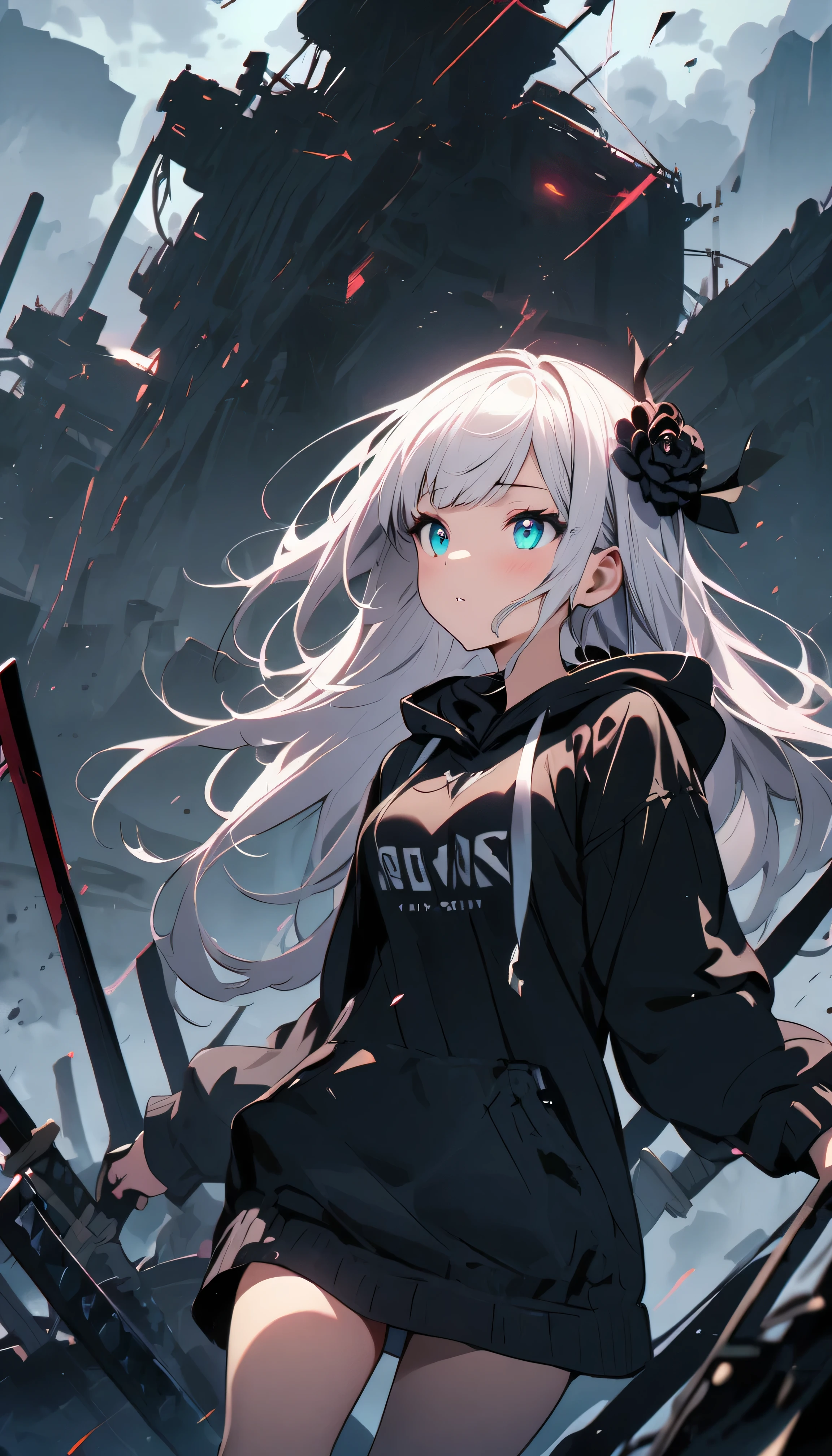 Masterpiece, saturate, full HD, best quality, 1girl, ( young girl, cute girl), slim body.medium breast, white light hair.detailed beautiful eyes. Glowing eye. Bright aqua eyes, long hair, bangs, black flower hair ornament, black hoodie oversized, holding sword. Black flower hair ornament. girl's head facing upwards, shadows surrounding girl, foggy theme, rocky plain background and many swords sticking into the ground, foggy