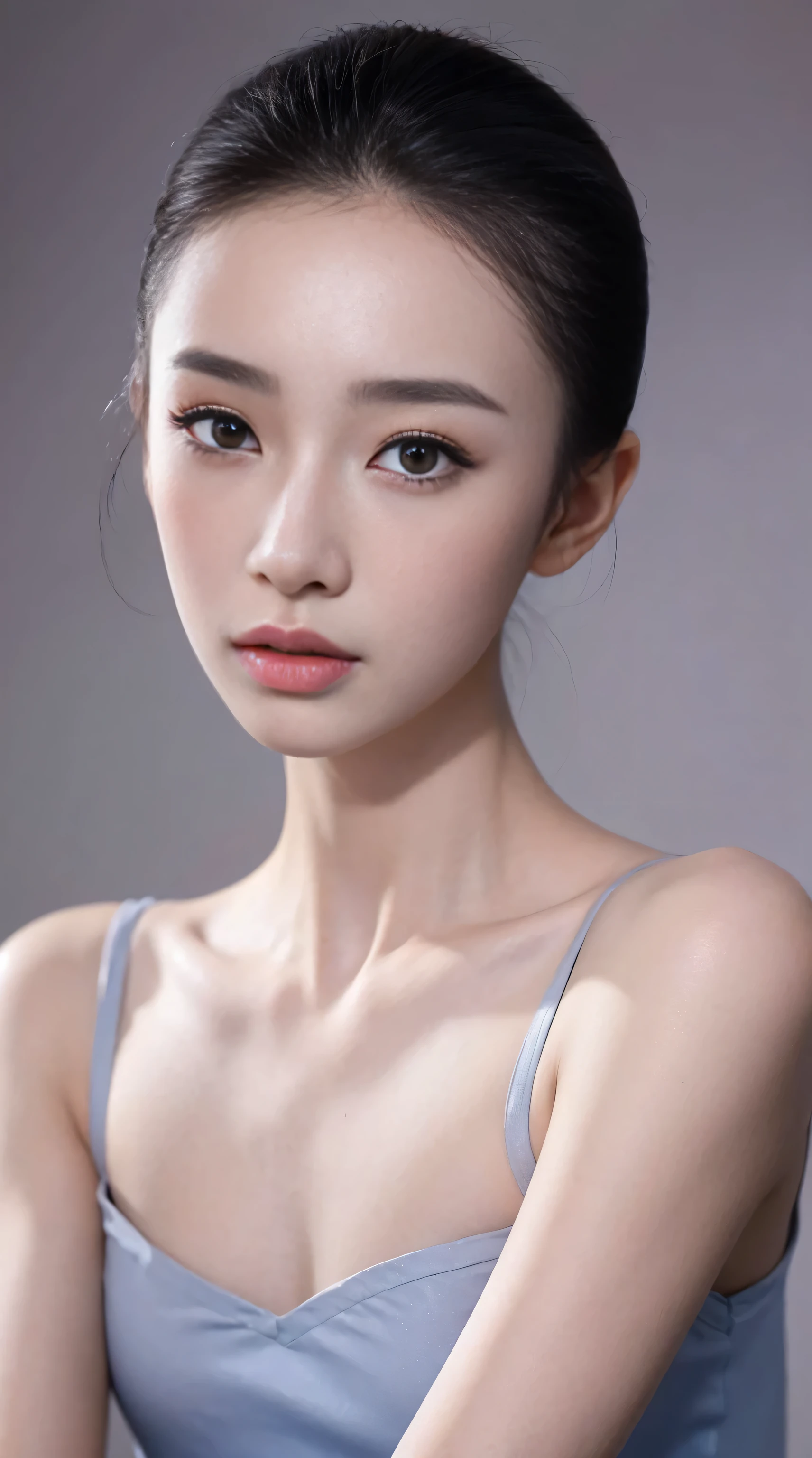 fashion model 18 years old [[[[Close-up face]]]], [[[[]]]], [[[[rape]]]], perfect eyes, perfect iris，perfect lips，perfect teeth，Perfect skin，Has fair skin，long face，slender nose，女孩s face，((Chinese ballet dancer&#39;s face))，Keep your eyes on the camera，A delicate S face，Looking at the camera with sexy and charming eyes，take off shoulders，show your neck，low cut clothes，Raised sexy，Slim，（((face close-up:1.4))），gray background，4k ultra high definition, ultra high resolution, (lifelike: 1.4), best quality，masterpiece，（pastel colors：1.2），（face shot:1.4)