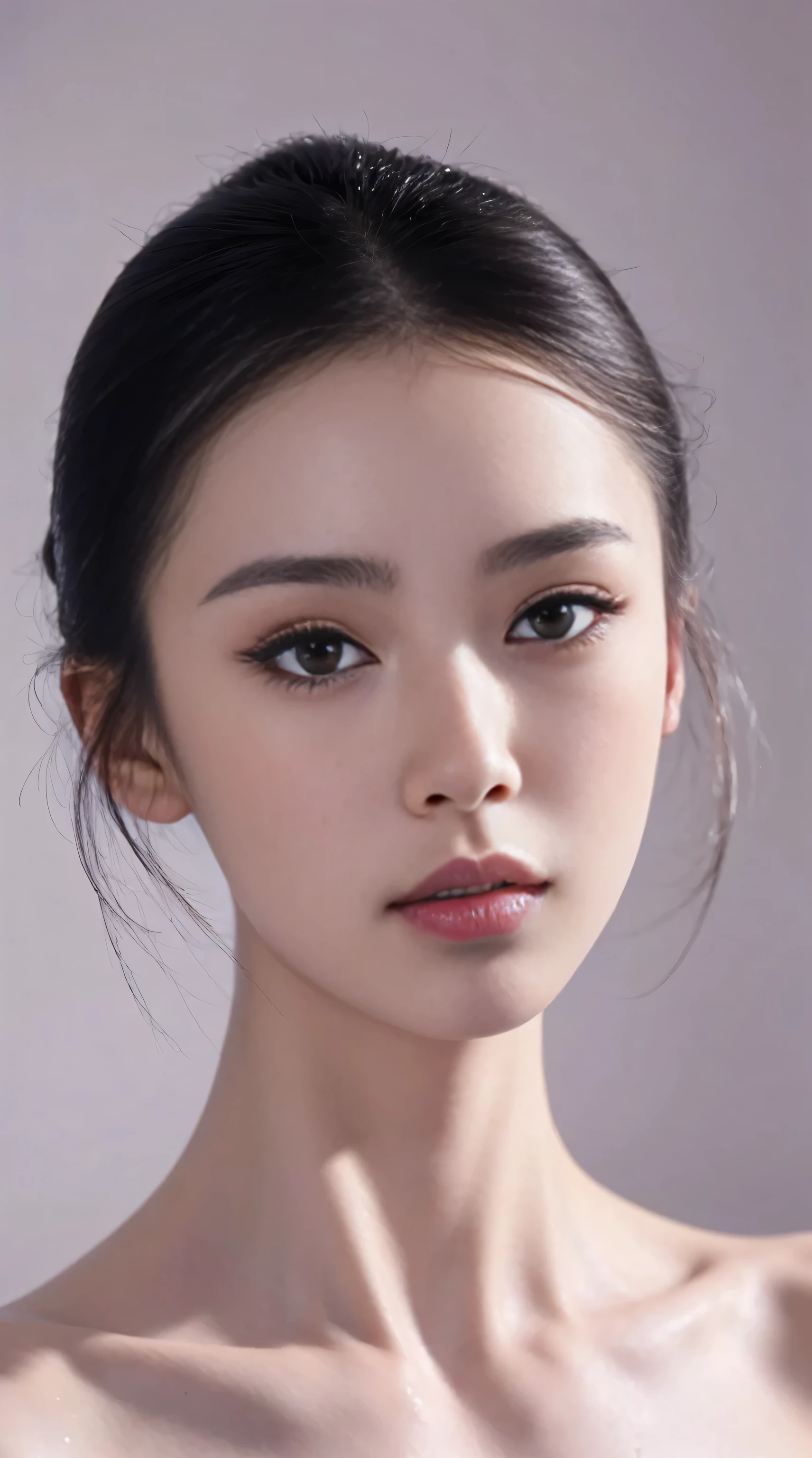 fashion model 18 years old [[[[Close-up face]]]], [[[[]]]], [[[[rape]]]], perfect eyes, perfect iris，perfect lips，perfect teeth，Perfect skin，Has fair skin，long face，slender nose，女孩s face，((Chinese ballet dancer&#39;s face))，Keep your eyes on the camera，A delicate S face，Looking at the camera with sexy and charming eyes，take off shoulders，show your neck，low cut clothes，Raised sexy，Slim，（((face close-up:1.4))），gray background，4k ultra high definition, ultra high resolution, (lifelike: 1.4), best quality，masterpiece，（pastel colors：1.2），（face shot:1.4)