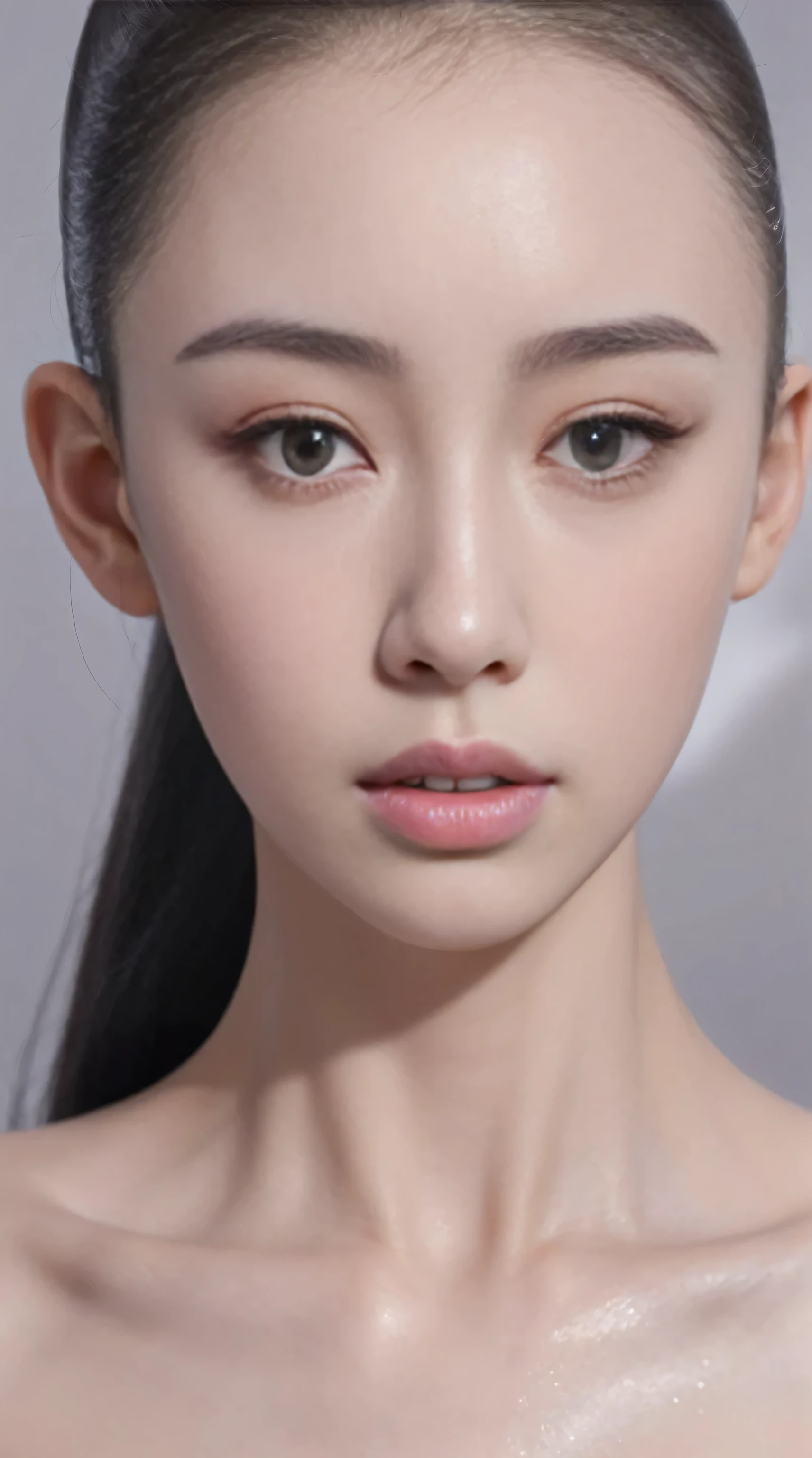 fashion model 18 years old [[[[Close-up face]]]], [[[[]]]], [[[[rape]]]], perfect eyes, perfect iris，perfect lips，perfect teeth，Perfect skin，Has fair skin，long face，slender nose，女孩s face，((Chinese ballet dancer&#39;s face))，Keep your eyes on the camera，A delicate S face，Looking at the camera with sexy and charming eyes，take off shoulders，show your neck，low cut clothes，Raised sexy，Slim，（((face close-up:1.4))），gray background，4k ultra high definition, ultra high resolution, (lifelike: 1.4), best quality，masterpiece，（pastel colors：1.2），（face shot:1.4)