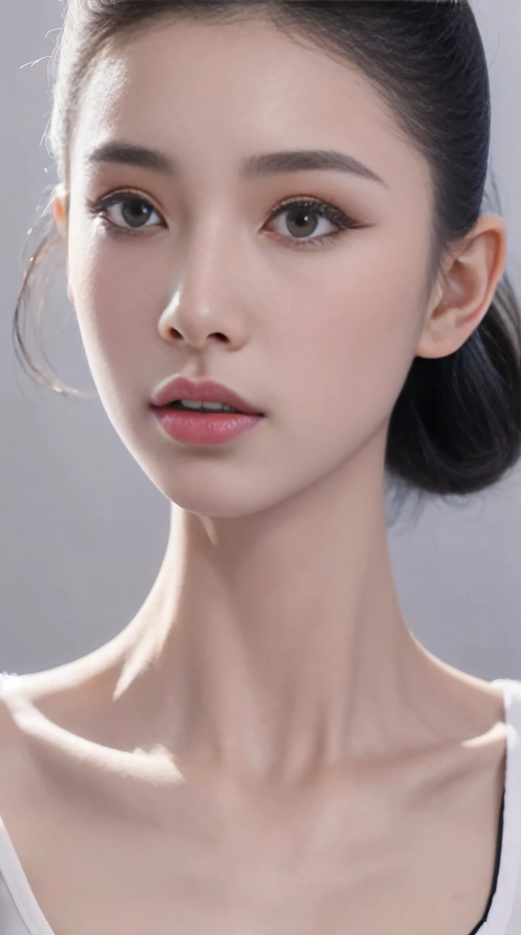 fashion model 18 years old [[[[Close-up face]]]], [[[[]]]], [[[[rape]]]], perfect eyes, perfect iris，perfect lips，perfect teeth，Perfect skin，Has fair skin，long face，slender nose，女孩s face，((Chinese ballet dancer&#39;s face))，Keep your eyes on the camera，A delicate S face，Looking at the camera with sexy and charming eyes，take off shoulders，show your neck，low cut clothes，Raised sexy，Slim，（((face close-up:1.4))），gray background，4k ultra high definition, ultra high resolution, (lifelike: 1.4), best quality，masterpiece，（pastel colors：1.2），（face shot:1.4)