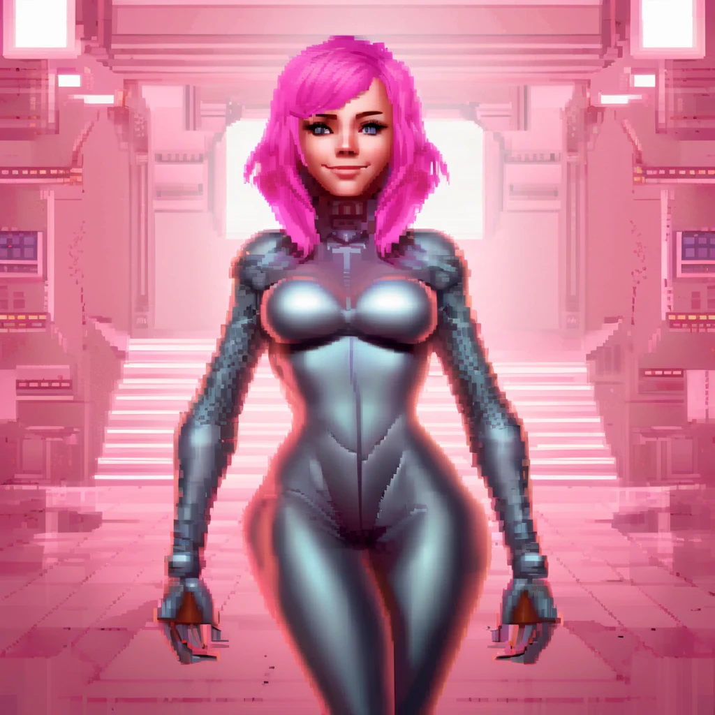 dosvga style, retro game character concept art, smiling girl, pink hair, symmetrical eyes, rule of three, detailed body, full body, detailed face, ultradetailed digital illustration, 8 k, epic atmosphere, digital art by simon cowell and rachel walpole