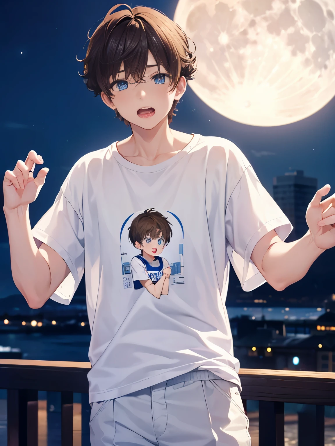 1boy,guy,standing,Panic expression,Thin lips, thin mouth, blue eyes, hysterical expression, screaming,half body photo,18 years old,Curly hair,medium hair,undercut hairstyle,light brown hair,Plain t-shirt, white t-shirt,white trousers,at Night, beautiful moon,ultra detail,masterpiece