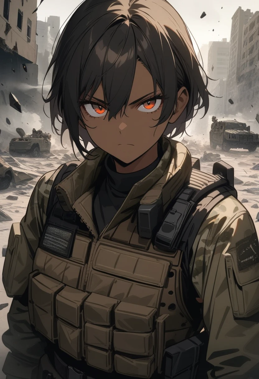 1girl, solo, Filipino woman, 26 years old, tanned bronze skin, short black hair, amber eyes, (Wearing: USA marine corps uniform, camouflage military uniform, bullet proof vest, pants, utility belt, armor and gloves), closed mouth, hair between eyes, looking at viewer, she's looking into the camera with a fierce and serious gaze. (outdoors, warzone, ruined city background, Debris, smoke, shattered glass and ruined cars are in the surroundings), serious face, upper body, masterpiece, best quality, very aesthetic, gritty tone
