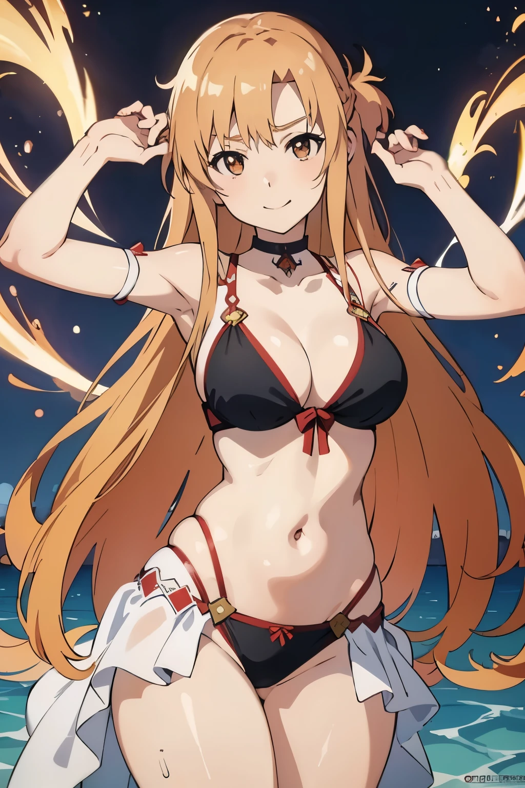 masterpiece, best quality, ultra high res, beautiful Asuna Yukki in anime style bikini, exuding lustful expressions, medium-sized breasts, captivating audience with her hot pose. Detailed rendering of her curvaceous figure, flowing hair, and captivating smile. Anime art by renowned artists, such as Sakimichan, George Kamitani, or Akira Yasuda, bringing her character to life in stunning detail.