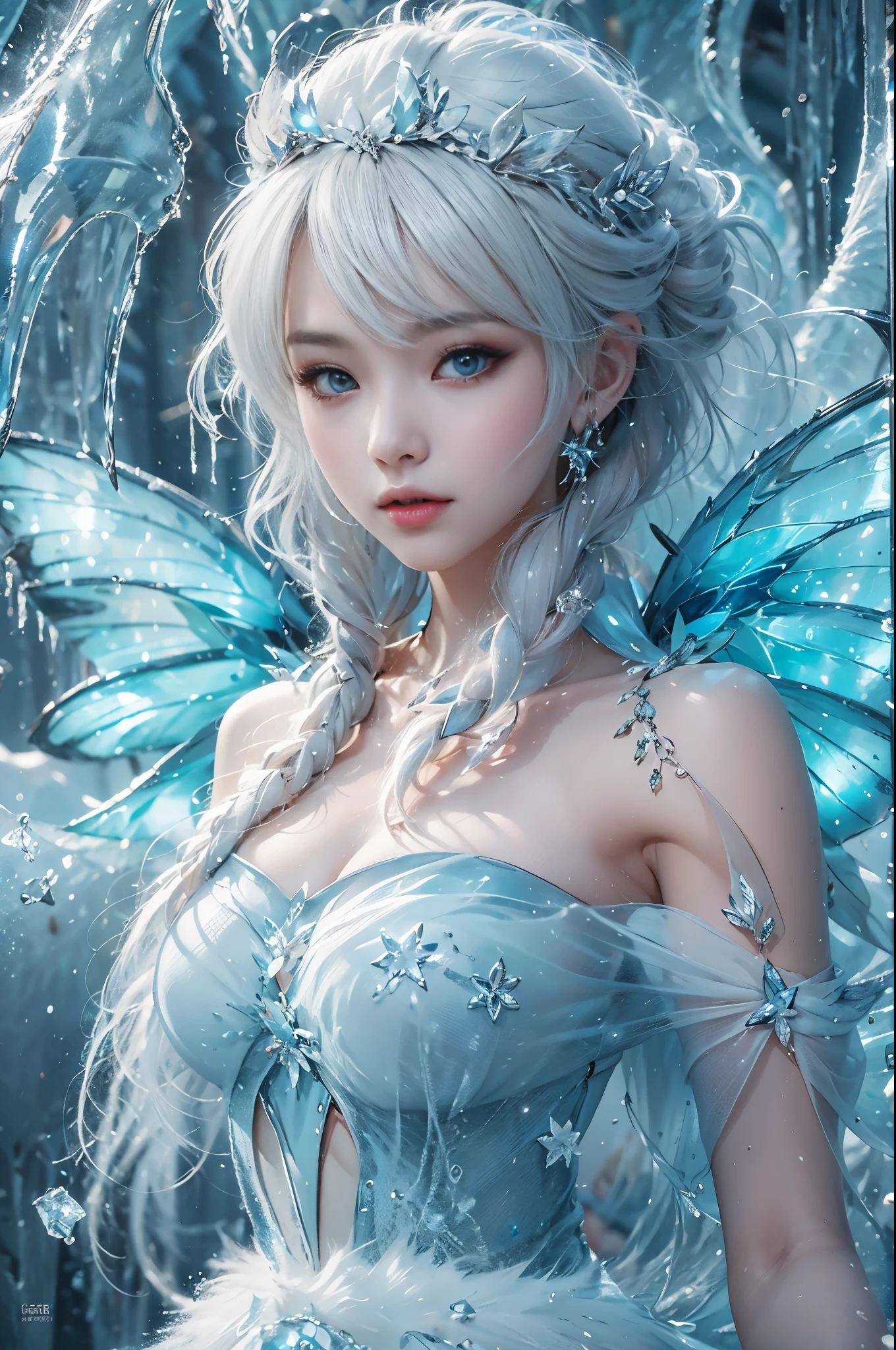 (((1 girl)))，dynamic poses，（skirt made of ice：1.5），ice crystals，frozen fluid，twisting fluid，(((icicle)))，Ice mist，Ice particle effects，（Ice butterfly：1.5），超多Ice butterfly，巨大的Ice butterfly翅膀，Amazing results，,best quality,masterpiece,ultra high resolution,detailed，8K resolution,chiaroscuro，NVIDIA RTX