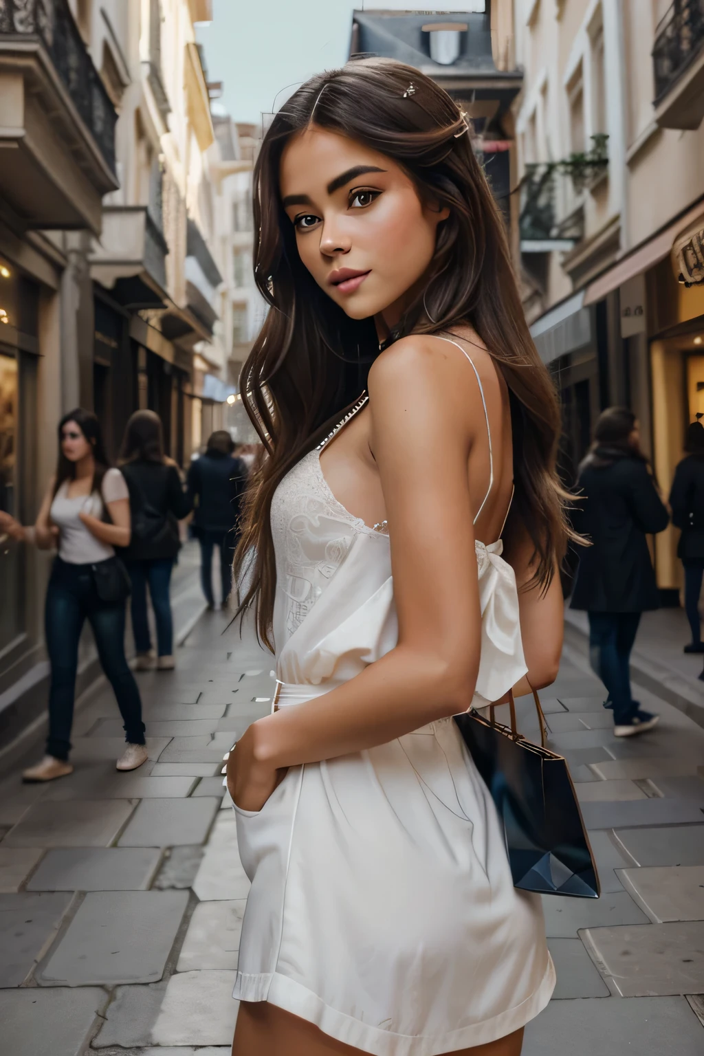 corps entier, long_cheveux, magnifique, Fille de la ville, clivage, occidental, Jupe et haut, Fille chaude, Shopping dans la ville, (Masterpiece), Best quality, High resolution, Extremely detailed, blurred background, profondeur de champ, lighting cinematic, comme madison beer