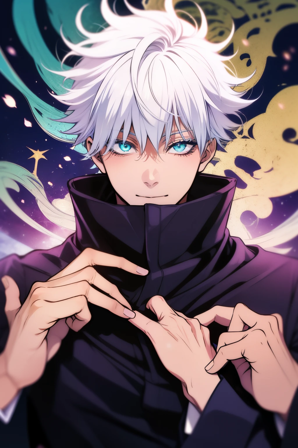 (absurdres, highres, ultra detailed), 1 male, Messy white hair, Aquamarine eyes, White lashes, Looking at the camera, Jujutsu Kaisen, Gojo Gojo, finely detailed eyes and detailed face, the fool \tarot\, bard, clown, Symbolism, Visual art, Occult, Universal, Vision casting, Philosophical, Iconography, Numerology, Popularity, Artistic, Alfons Mucha