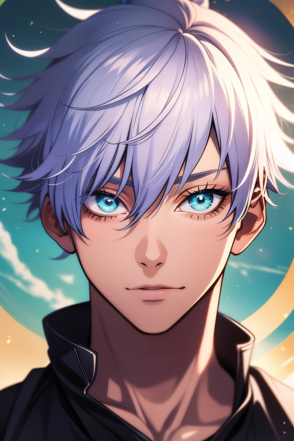 (absurdres, highres, ultra detailed), 1 male, Messy white hair, Aquamarine eyes, White lashes, Looking at the camera, Jujutsu Kaisen, Gojo Gojo, finely detailed eyes and detailed face, the fool \tarot\, bard, clown, Symbolism, Visual art, Occult, Universal, Vision casting, Philosophical, Iconography, Numerology, Popularity, Artistic, Alfons Mucha
