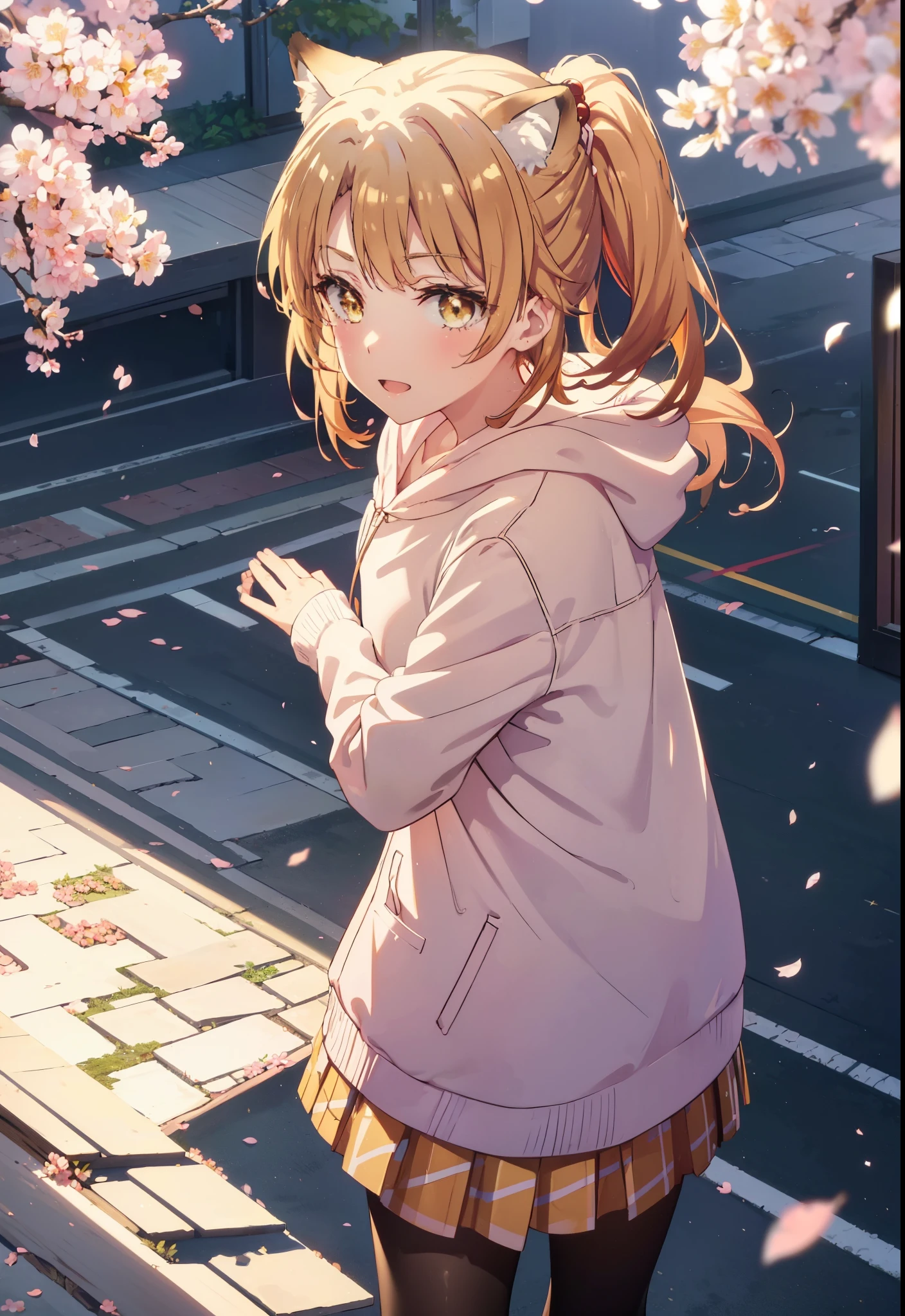 irohaisshiki, iroha isshiki, long hair, brown hair, (brown eyes:1.5), happy smile, smile, open your mouth,short braided hair,ponytail,animal ears　fox ears,animal tail　Fox tail oversized pink hoodie,yellow pleated long skirt,white pantyhose,Mini Boots,walking,Cherry blossom tree-lined path,cherry blossoms are blooming,Cherry blossoms are scattered,Looking up from the afternoon,
break outdoors, garden,
break looking at viewer, Upper body,(cowboy shot:1. 5)
break (masterpiece:1.2), highest quality, High resolution, unity 8k wallpaper, (figure:0.8), (beautiful deしっぽed eyes:1.6), extremely deしっぽed face, perfect lighting, extremely deしっぽed CG, (perfect hands, perfect anatomy),