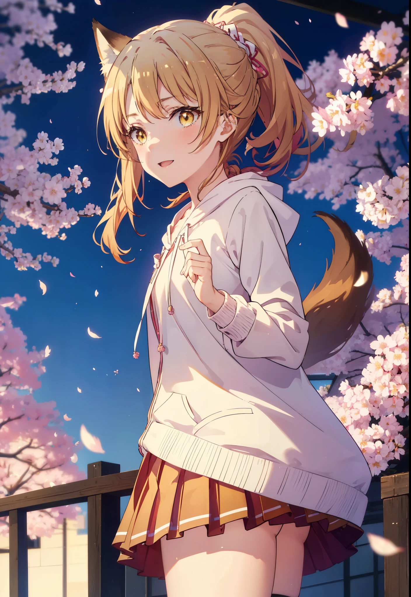 irohaisshiki, iroha isshiki, long hair, brown hair, (brown eyes:1.5), happy smile, smile, open your mouth,short braided hair,ponytail,animal ears　fox ears,animal tail　Fox tail oversized pink hoodie,yellow pleated long skirt,white pantyhose,Mini Boots,walking,Cherry blossom tree-lined path,cherry blossoms are blooming,Cherry blossoms are scattered,Looking up from the afternoon,
break outdoors, garden,
break looking at viewer, Upper body,(cowboy shot:1. 5)
break (masterpiece:1.2), highest quality, High resolution, unity 8k wallpaper, (figure:0.8), (beautiful deしっぽed eyes:1.6), extremely deしっぽed face, perfect lighting, extremely deしっぽed CG, (perfect hands, perfect anatomy),