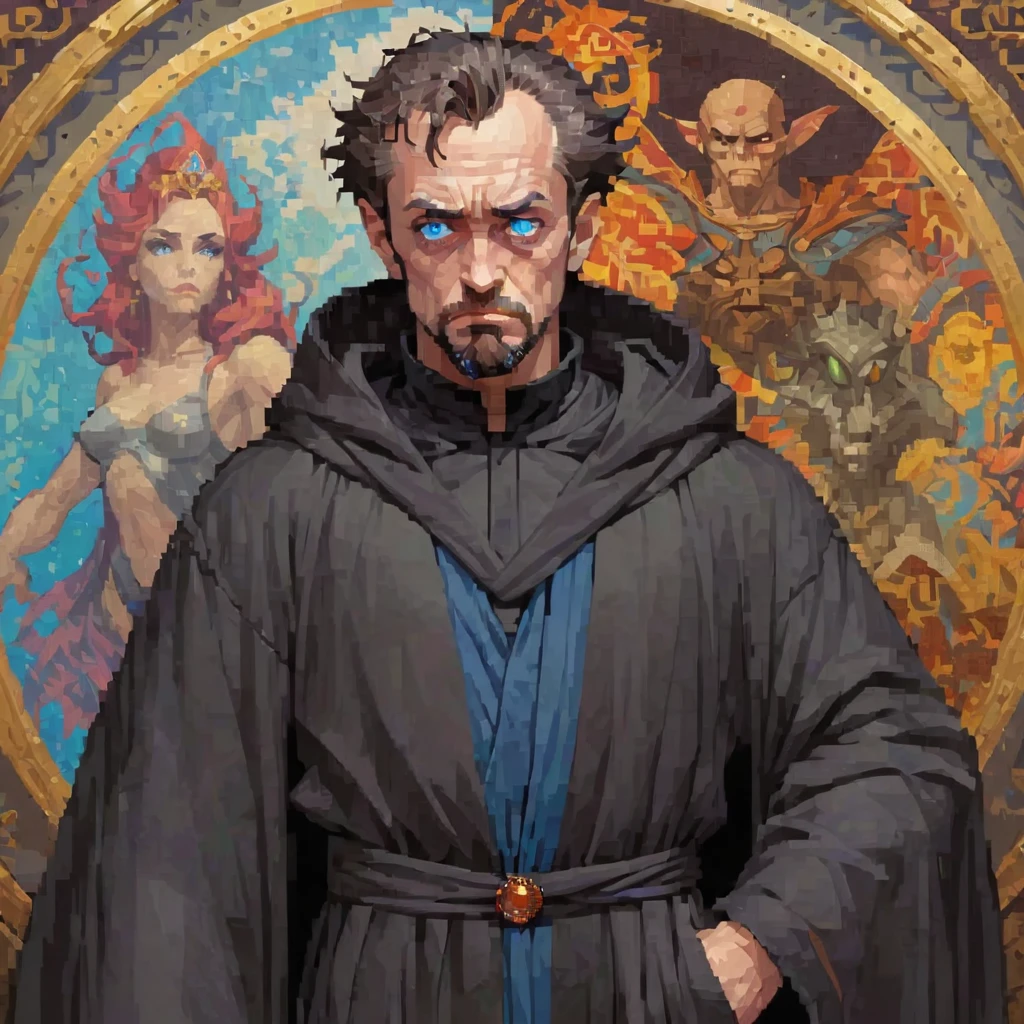 Top Down, RPG, D&D, UOStyle, Ultima Online, pixel art, oil painting, NES, retro game, a man wearing a black robe with blue eyes, highly detailed, digital painting, artstation, concept art, smooth, sharp focus, illustration, art by simon bisley and greg rutkowski and alphonse mucha, 8 k  octane render, 3 d