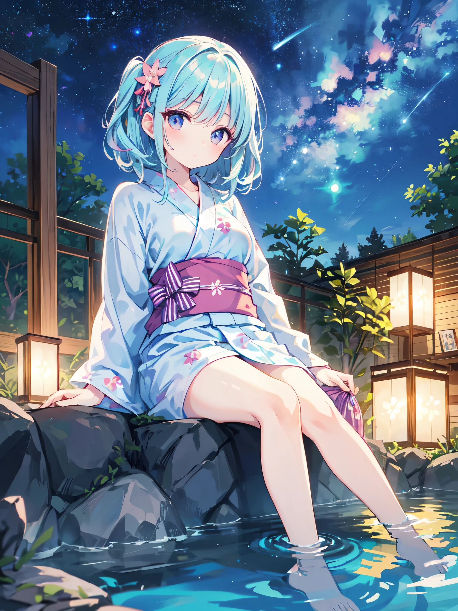 （masterpiece）、(highest quality)、((Super detailed))、(super delicate)、pastel colored hair、beautiful breasts、yukata、Hot spring at night、fantastic starry sky