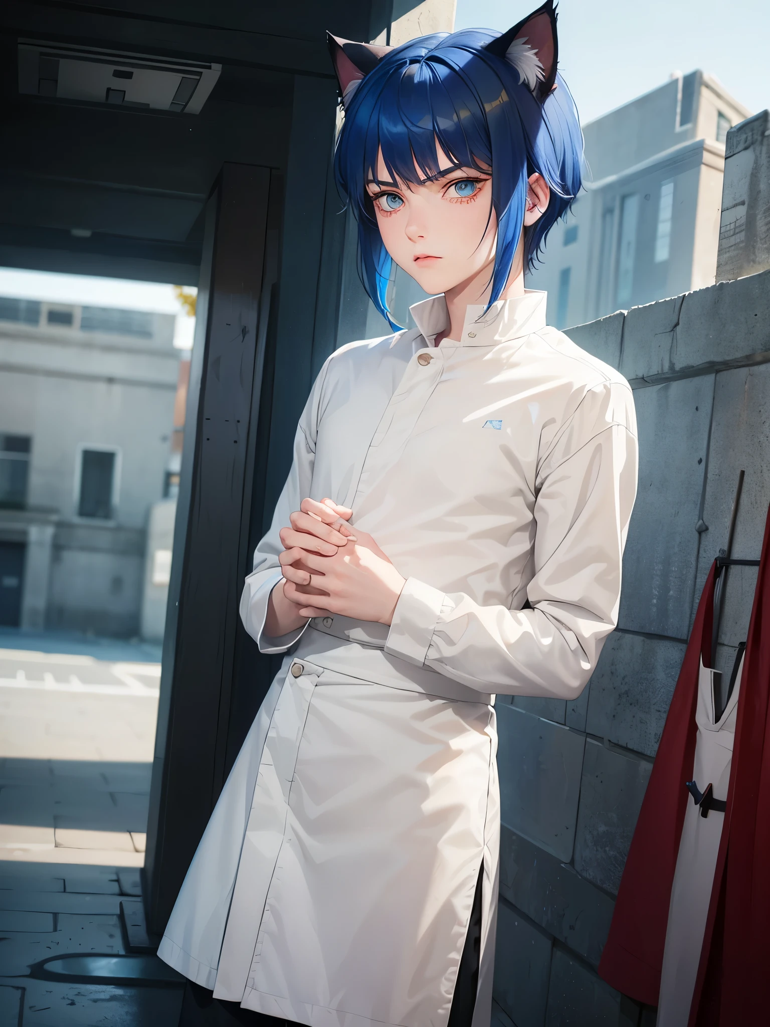 1boy, {{{alternate hair color}}}, blue hair, black hair, coral eyes, cat ears, medieval clothing, boy's school clothes, angry gestures, pixie cut, Chroma background