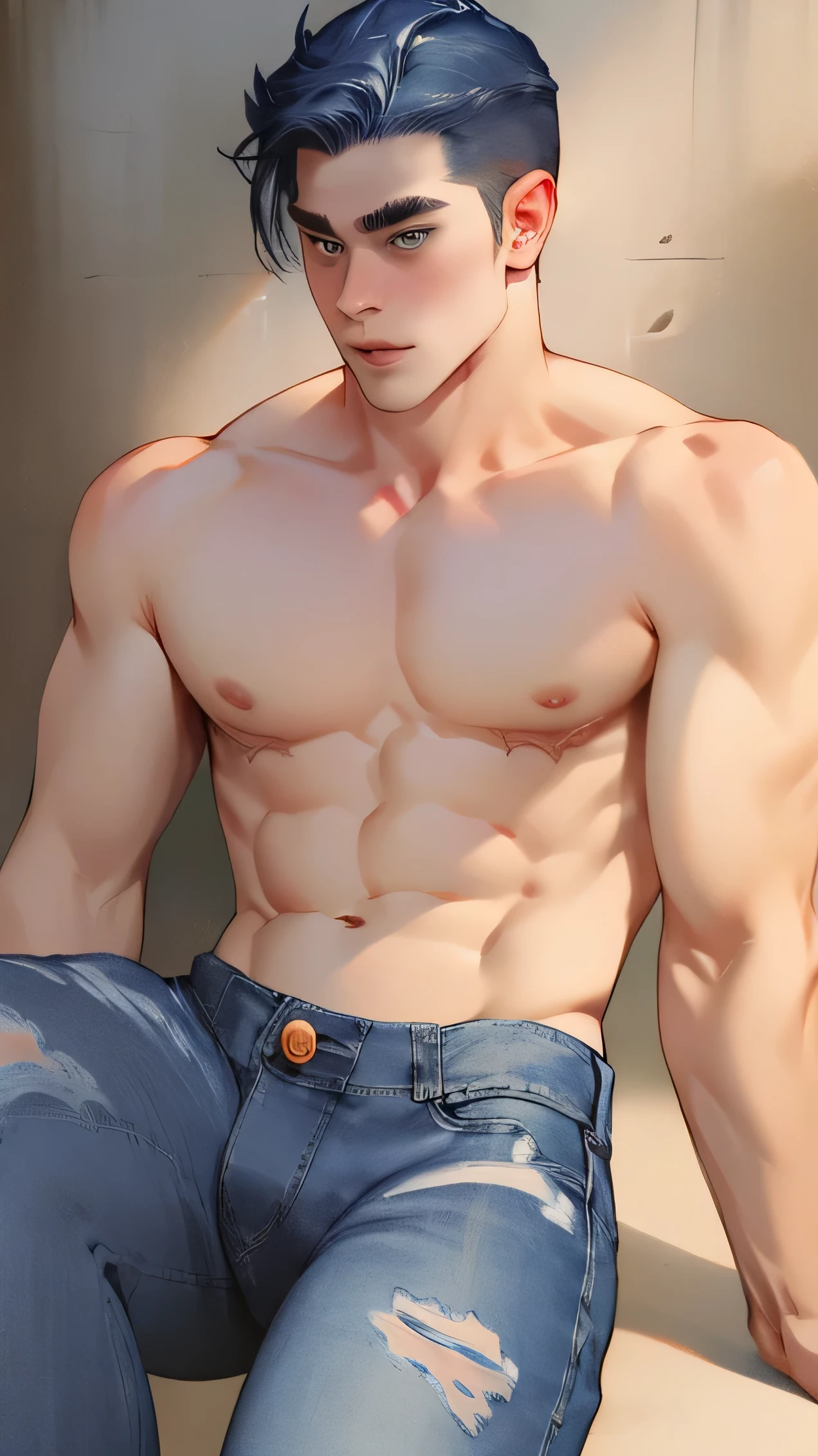 man, trans masc, chest scars , shirtless, jeans
