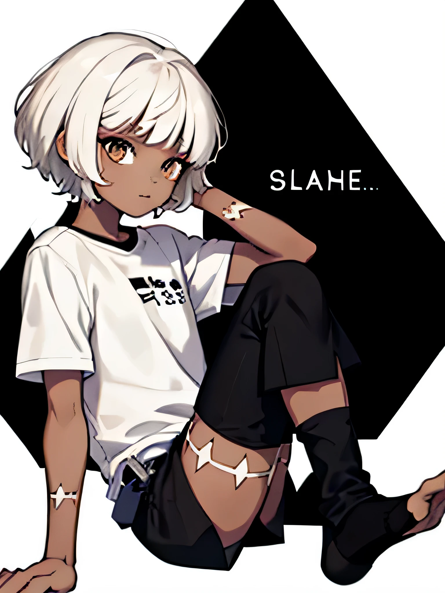 A somewhat feminine boy, Brown eyes, white hair, Brown skin, with a white t-shirt with black details and black shorts with compression stockings