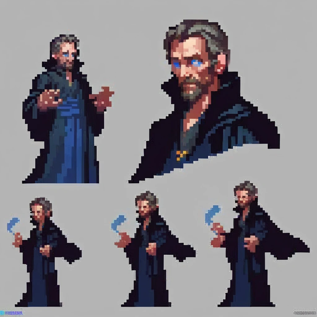 retro game, a man wearing a black robe with blue eyes, highly detailed, digital painting, artstation, concept art, smooth, sharp focus, illustration, art by simon bisley and greg rutkowski and alphonse mucha, 8 k octane render, 3 d