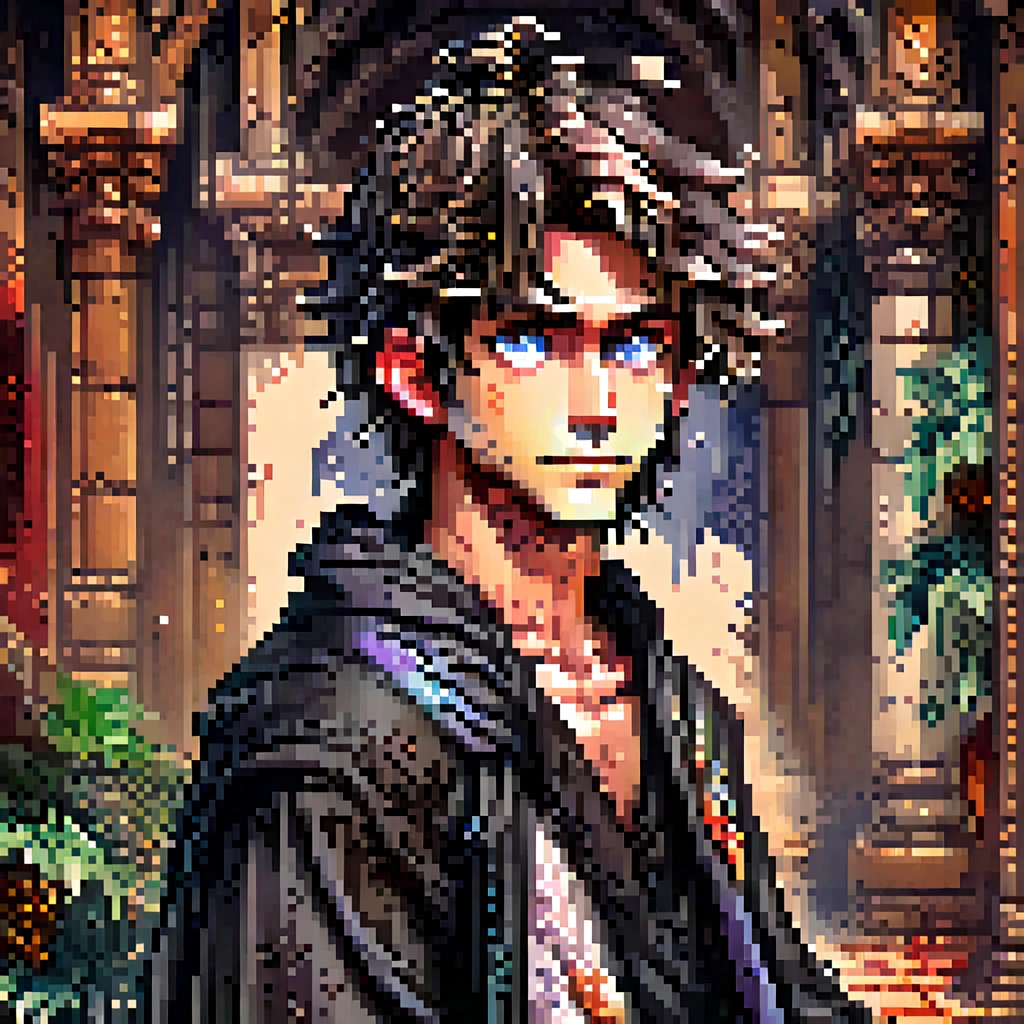 pixel art, retro game, a man wearing a black robe with blue eyes, highly detailed, digital painting, artstation, concept art, smooth, sharp focus, illustration, art by simon bisley and greg rutkowski and alphonse mucha, 8 k  octane render, 3 d