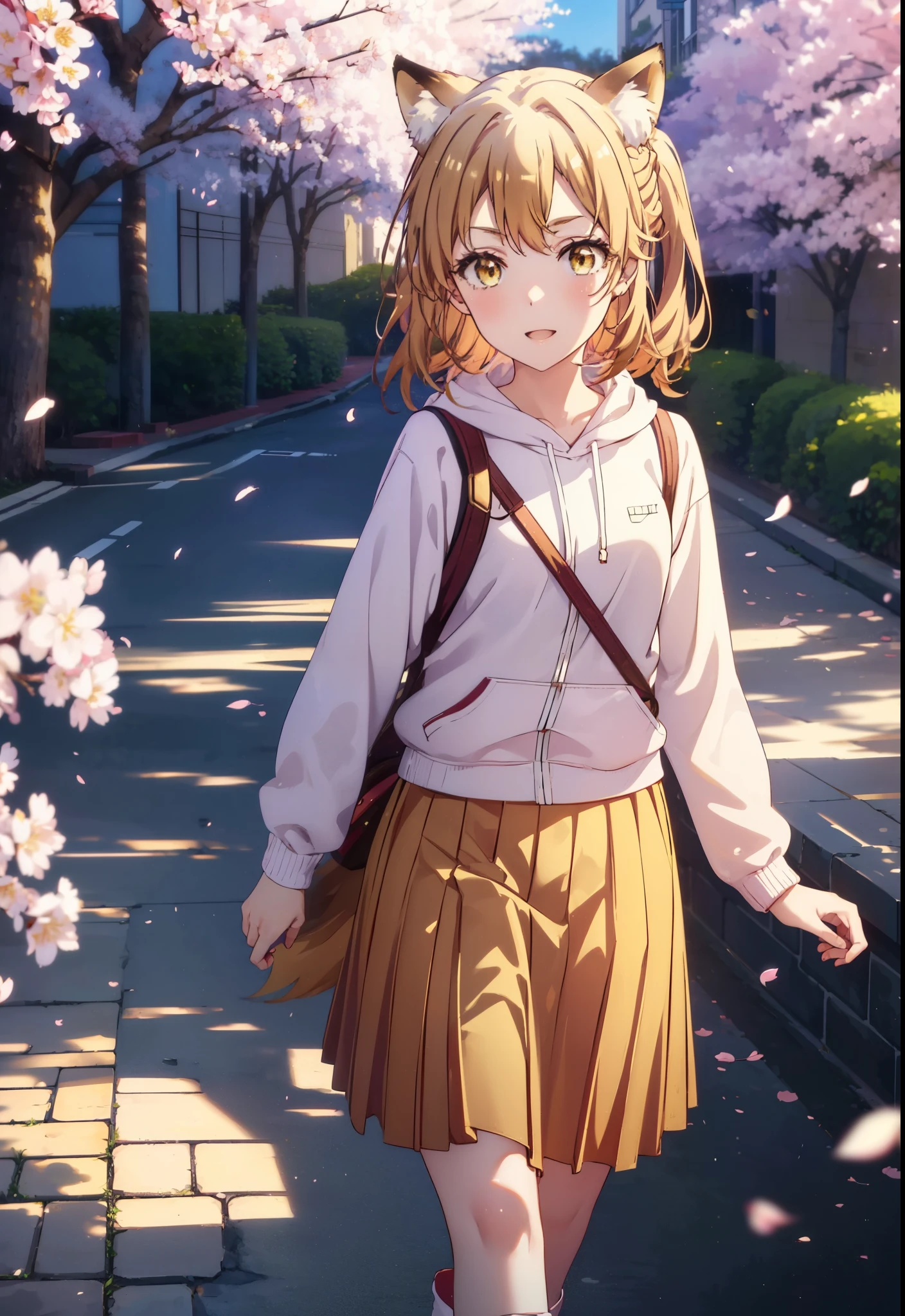 irohaisshiki, iroha isshiki, long hair, brown hair, (brown eyes:1.5), happy smile, smile, open your mouth,short braided hair,ponytail,animal ears fox ears,animal tail Fox tail oversized pink hoodie,yellow pleated long skirt,white pantyhose,Mini Boots,walking,Cherry blossom tree-lined path,cherry blossoms are blooming,Cherry blossoms are scattered,Looking up from the afternoon,
break outdoors, garden,
break looking at viewer, Upper body,(cowboy shot:1. 5)
break (masterpiece:1.2), highest quality, High resolution, unity 8k wallpaper, (figure:0.8), (beautiful deしっぽed eyes:1.6), extremely deしっぽed face, perfect lighting, extremely deしっぽed CG, (perfect hands, perfect anatomy),