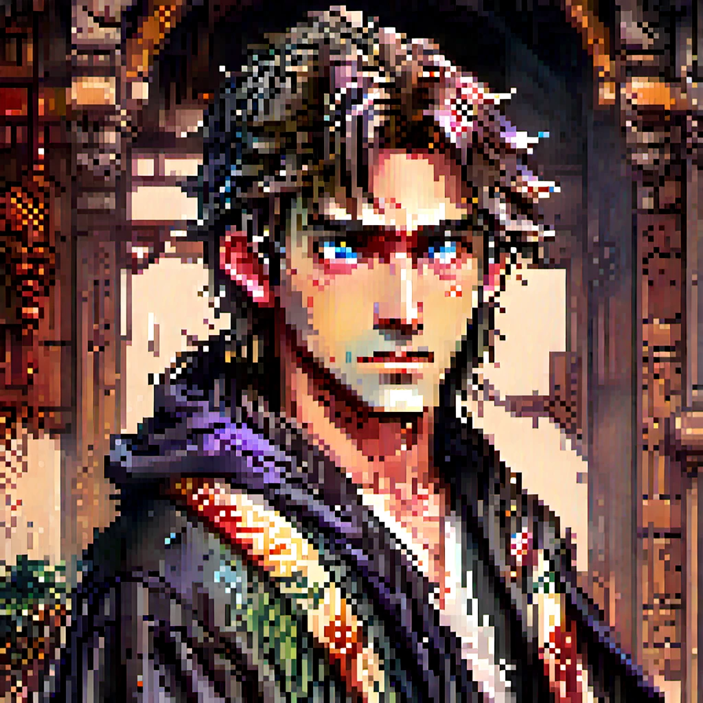 Top Down, RPG, D&D, UOStyle, Ultima Online, pixel art, oil painting, NES, retro game, a man wearing a black robe with blue eyes, highly detailed, digital painting, artstation, concept art, smooth, sharp focus, illustration, art by simon bisley and greg rutkowski and alphonse mucha, 8 k  octane render, 3 d