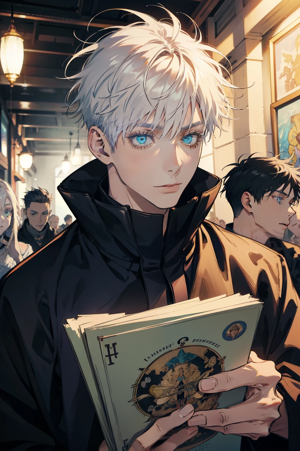 (absurdres, highres, ultra detailed), 1 male, Messy white hair, Aquamarine eyes, White lashes, Looking at the camera, Jujutsu Kaisen, Gojo Gojo, finely detailed eyes and detailed face, the fool \tarot\, bard, clown, Symbolism, Visual art, Occult, Universal, Vision casting, Philosophical, Iconography, Numerology, Popularity, Artistic, Alfons Mucha
