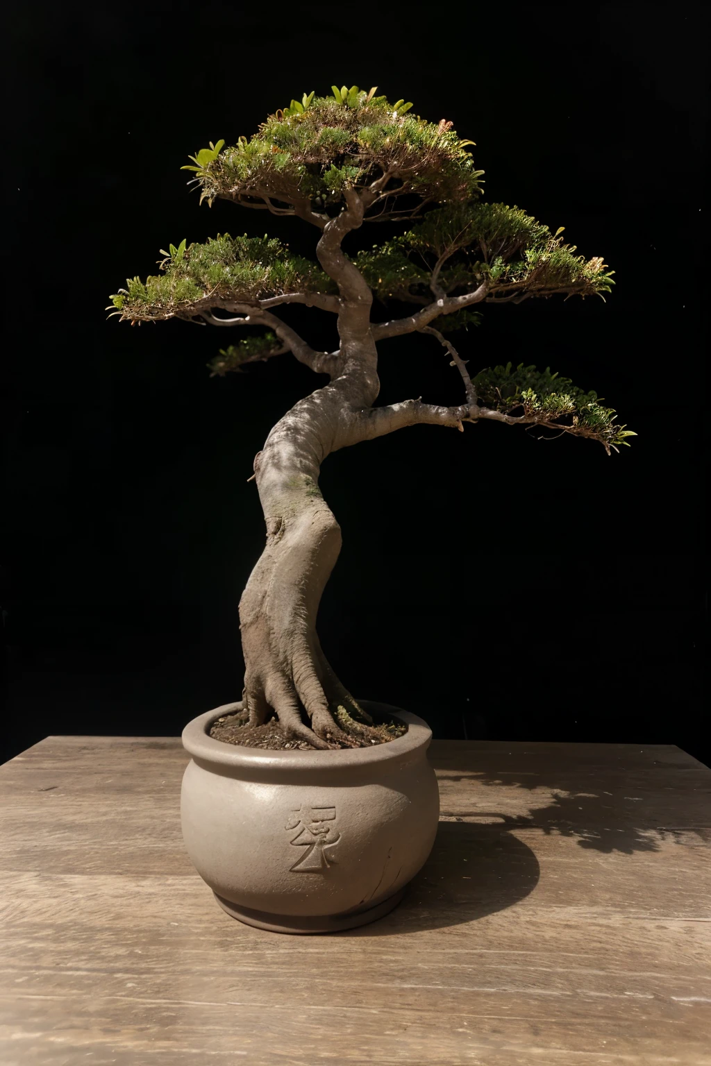 ((Melhor qualidade)), ((obra de arte)), (detalhado), cement bonsai pot, old tree, big tree, black background, dark background