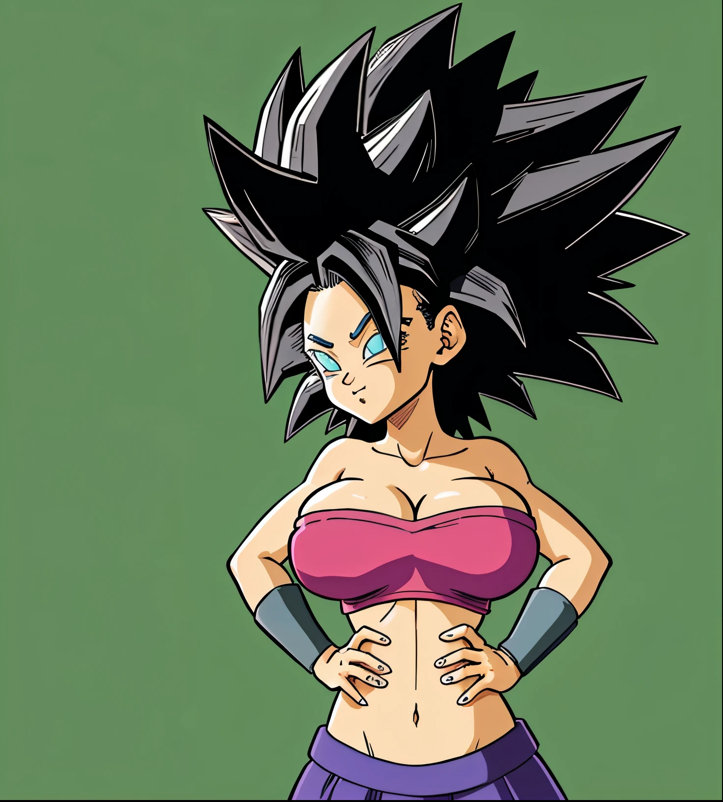 una caricatura de una mujer con un top rosa y una falda morada, chica saiyajin, goku femenino, pelo saiyajin negro puntiagudo salvaje, cell shadow adult animation, Estilo Akira Toriyama, inspirado en Akira Toriyama, pose rudo, cel - shading art style, akira toriyama, dragon ball art style, Dragon Ball Style, Cel sombreado!!!, caulifla from dragon ball super, huge breast, skinny body, detaileds huge nipples