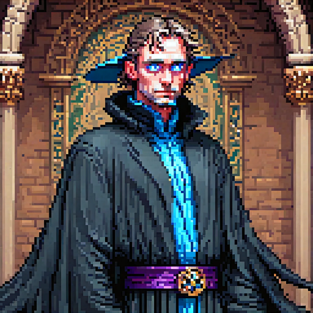 Top Down, RPG, D&D, UOStyle, Ultima Online, pixel art, oil painting, NES, retro game, a man wearing a black robe with blue eyes, highly detailed, digital painting, artstation, concept art, smooth, sharp focus, illustration, art by simon bisley and greg rutkowski and alphonse mucha, 8 k  octane render, 3 d