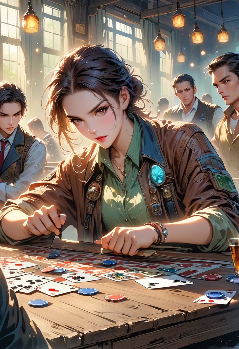 A retro game of poker, (best quality, highres, HDR, realistic), vivid colors, extreme detail description, (concept artists), vintage playing cards, antique wooden table, old-school poker chips, classic card combinations, players wearing stylish vintage outfits, smoky room, dim lighting, intense expressions, (portrait:1.1) of players' faces, hands holding cards, (realistic shadows), (bokeh) effect on the background, intense atmosphere, (professional), (sharp focus).