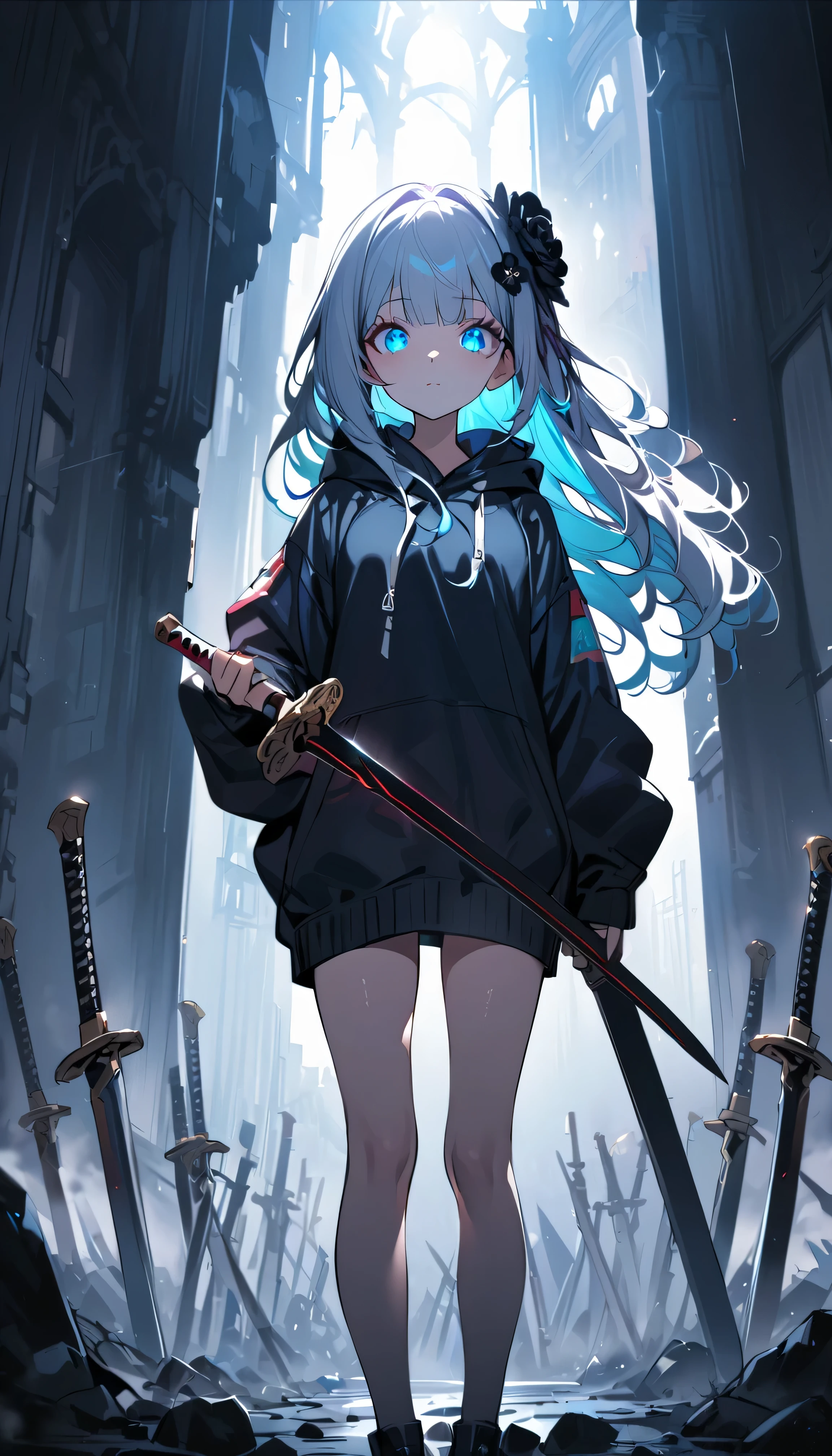 Masterpiece, saturate, full HD, best quality, 1girl, ( young girl, cute girl), slim body.medium breast, white light hair.detailed beautiful eyes. Glowing eye. Bright aqua eyes, long hair, bangs, black flower hair ornament, black hoodie oversized, holding sword. Black flower hair ornament. girl's head facing upwards, shadows surrounding girl, foggy theme, rocky plain background and many swords sticking into the ground, foggy