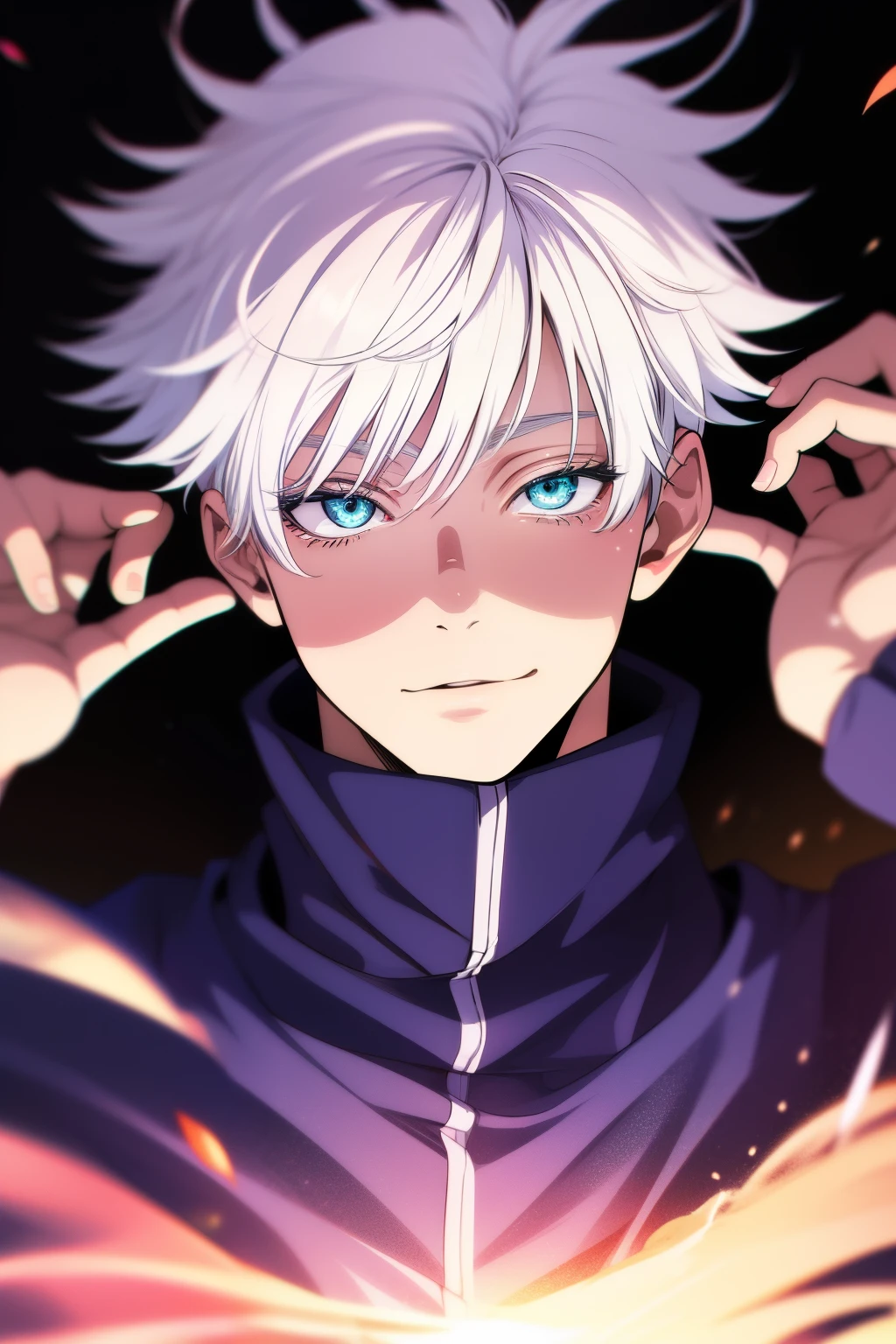 (absurdres, highres, ultra detailed), 1 male, Messy white hair, Aquamarine eyes, White lashes, Looking at the camera, Jujutsu Kaisen, Gojo Gojo, finely detailed eyes and detailed face, the fool \tarot\, bard, clown, Symbolism, Visual art, Occult, Universal, Vision casting, Philosophical, Iconography, Numerology, Popularity, Artistic, Alfons Mucha