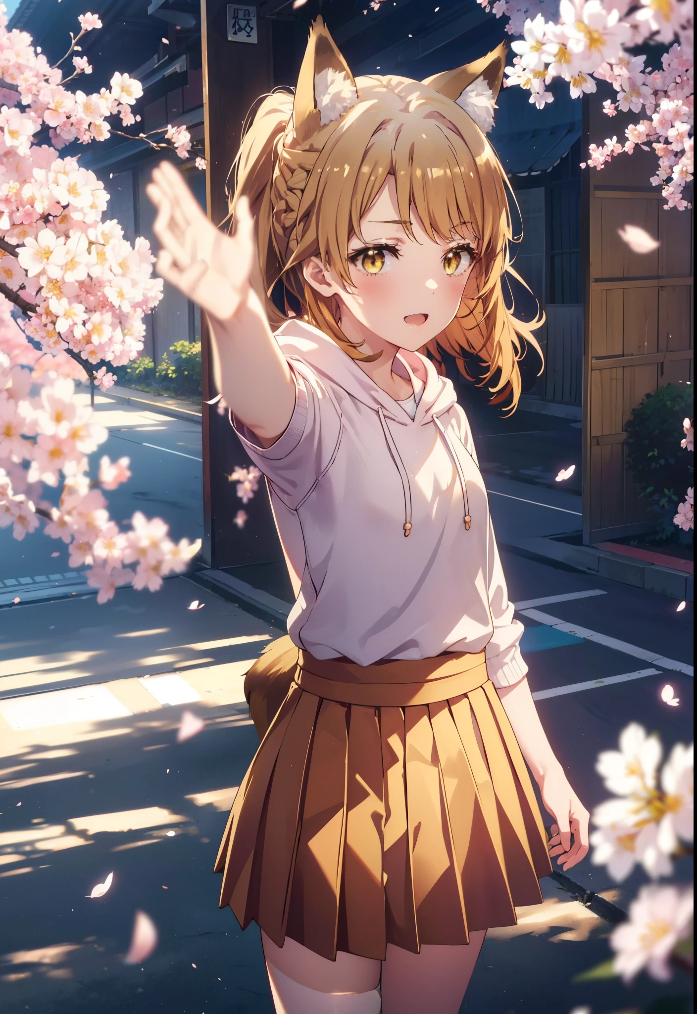 irohaisshiki, iroha isshiki, long hair, brown hair, (brown eyes:1.5), happy smile, smile, open your mouth,short braided hair,ponytail,animal ears fox ears,animal tail Fox tail oversized pink hoodie,yellow pleated long skirt,white pantyhose,Mini Boots,walking,Cherry blossom tree-lined path,cherry blossoms are blooming,Cherry blossoms are scattered,Looking up from the afternoon,
break outdoors, garden,
break looking at viewer, Upper body,(cowboy shot:1. 5)
break (masterpiece:1.2), highest quality, High resolution, unity 8k wallpaper, (figure:0.8), (beautiful deしっぽed eyes:1.6), extremely deしっぽed face, perfect lighting, extremely deしっぽed CG, (perfect hands, perfect anatomy),