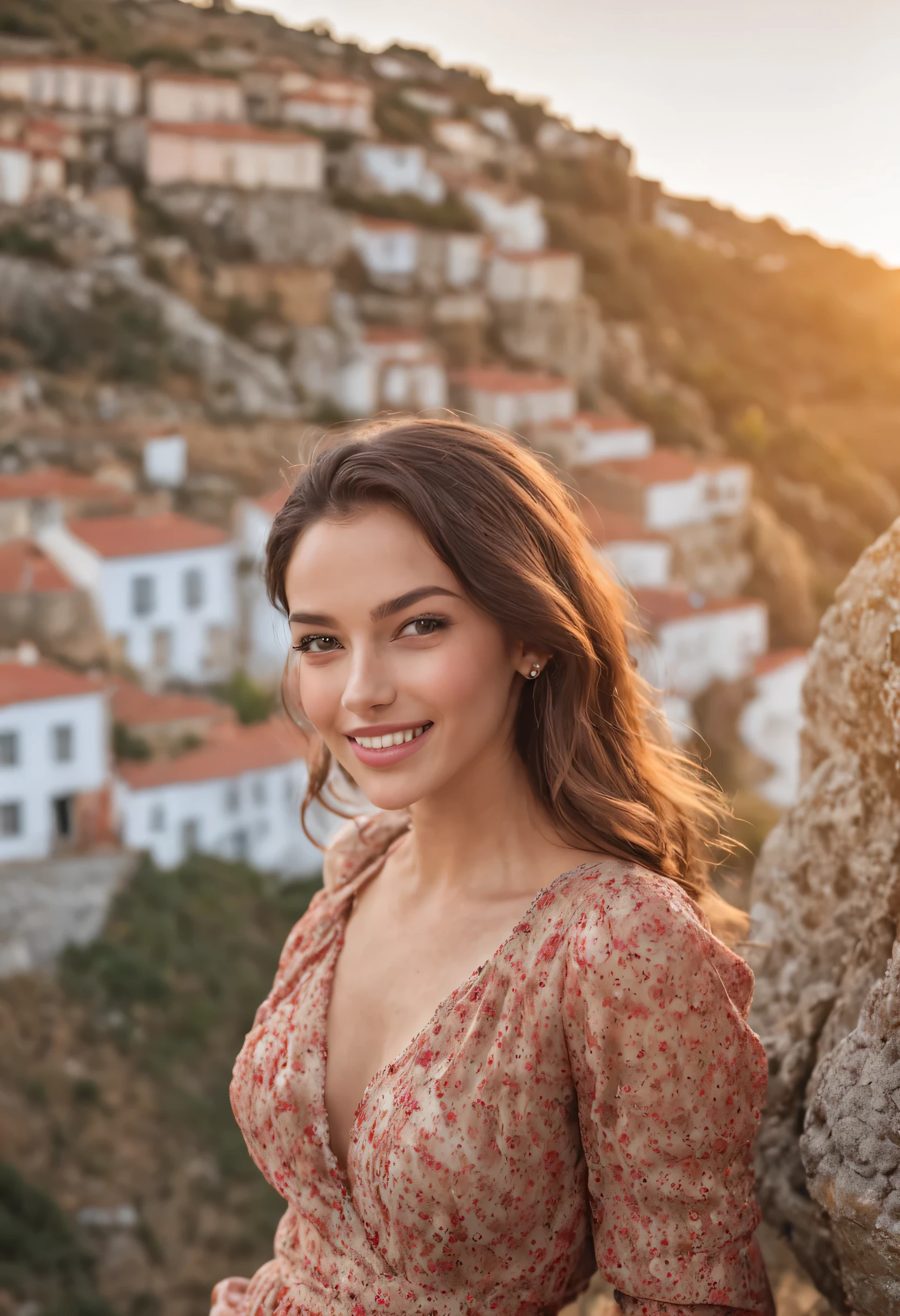 "Beautiful girl with a captivating smile in a picturesque landscape of Portugal."