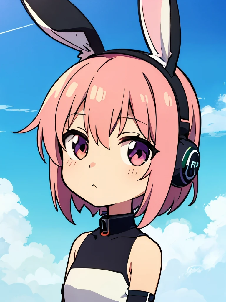 Cartoon girl with headphones holding a radio, lofi girl, original chibi bunny girl, praise the portrait, Advanced Digital Chibi Art, praise art style, wearing cybernetic bunny ears, Cute work of art, Kantai collection style, bunny girl, with hare ears, ig studios in anime style, official work of art, anime Mo artstyle, anime atmosphere, Cute art style