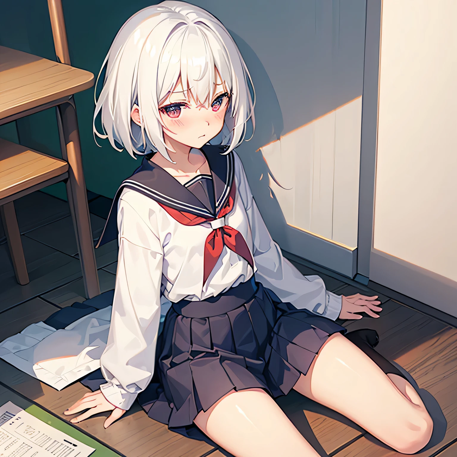 cute,blushing,flat chest,sitting,kawaii,sulking,white hair,short,school clothes,thighs,