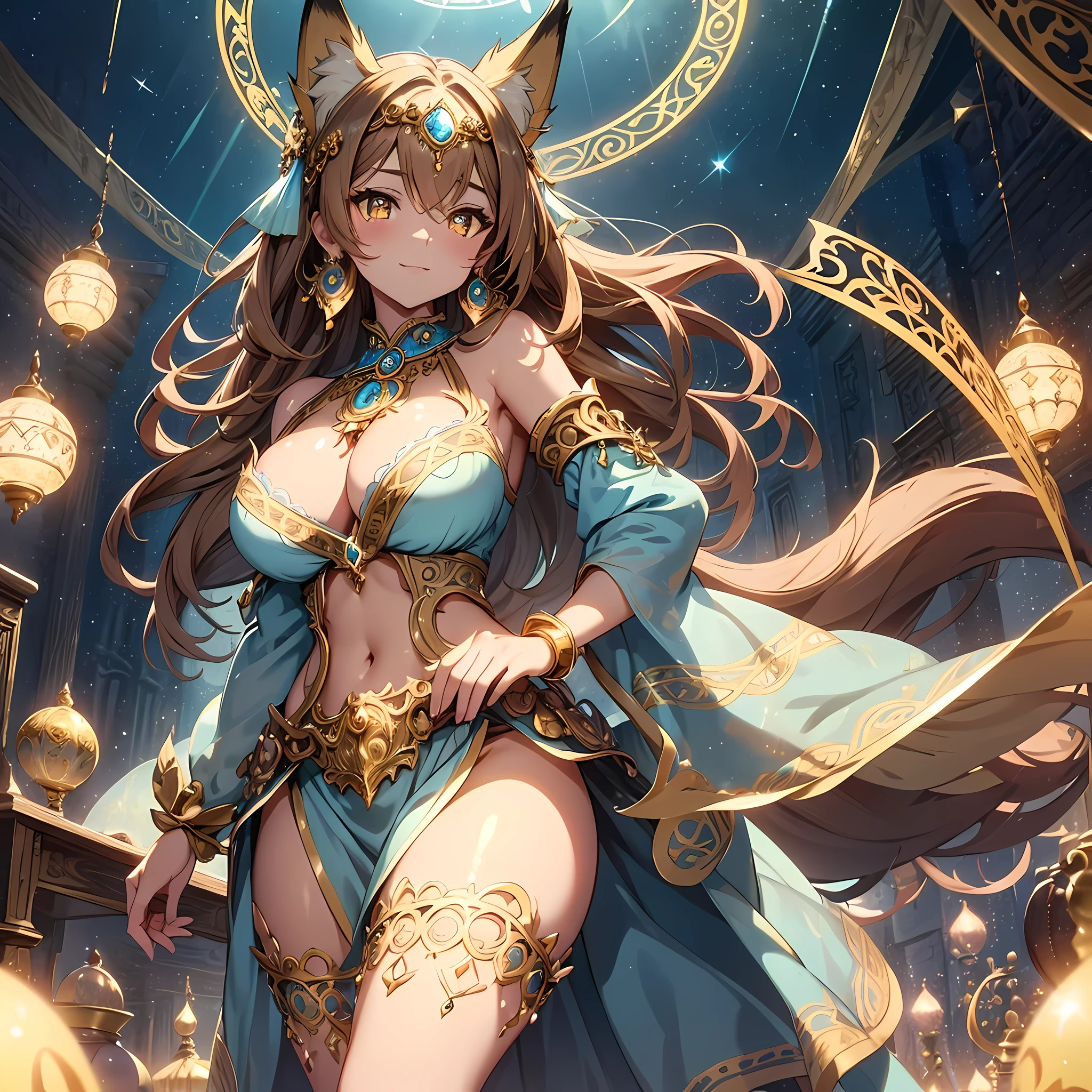 (masterpiece), best quality, expressive eyes, perfect face,(fox girl, Fox ears, fox tail),((light brown hair)),(glowing yellow pupils),(huge breasts:1.2),cleavage,(Gypsy:1.2),(light blue ornate Gypsy clothes :1.5),anklets,crystal pendant,circlet,earrings,armlets,bracelets,bashful smile,standing,sexy pose,fantasy scenary,golden stage,gold feathers,(night:1.1),(starry sky 1:1),magic circles,holy magic orbs