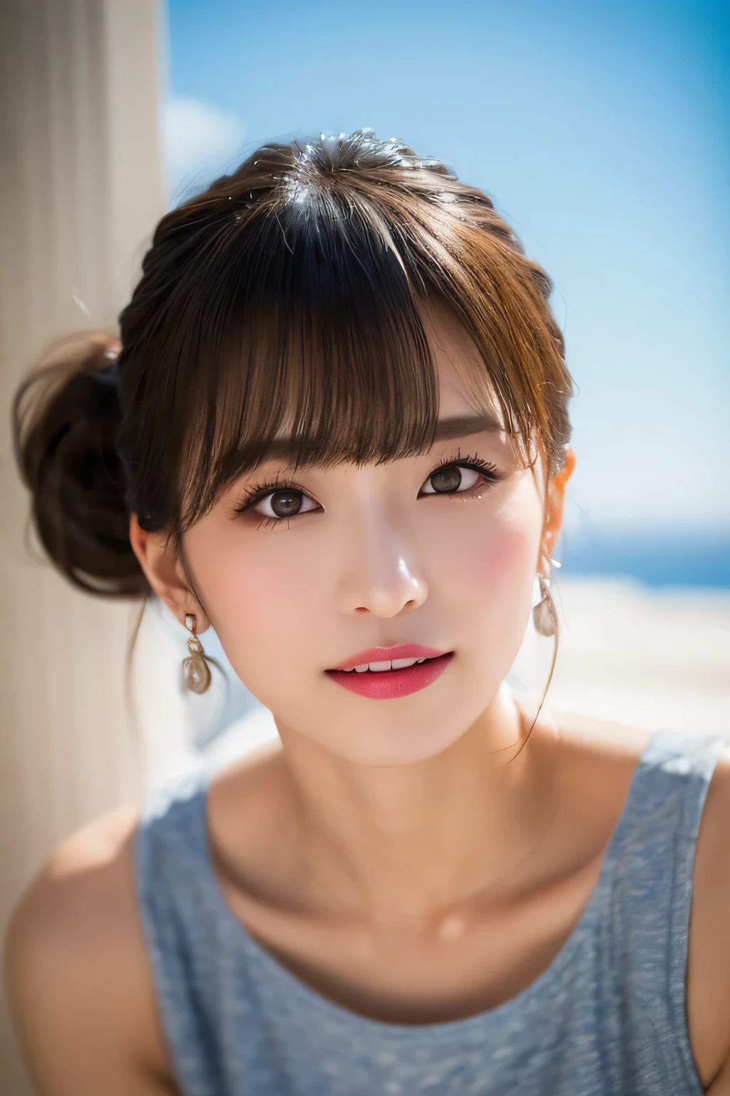 ((highest quality, 8K, masterpiece :1.3)), (realistic, Photoreal:1.4), sharp focus:1.2,
Bright colors, professional level, ((Bokeh effect)), shallow depth of field,
20-year-old, (Half Japanese and half German woman), 1 person, A beautiful face with intelligence,
Supple body :1.3, model body shape:1.5, 頭w:1.4, perfect style:1.4,
narrow shoulders, beautiful clavicle, long and thin legs, The beauty of slim abs :1.2, thin waist :1.2,
super detailed skin, Fair skin, Shiny skin,
super detailed face, slim facial contour, beautiful small face, Beautiful lined nose,
super detailed eyes, long slit eyes, brown eyes, double eyelid, beautiful thin eyebrows, fine long eyelashes,
super detailed lips, plump lips, glossy pink lips, flushed cheeks, beautiful teeth,
Beautiful actress's ennui makeup, pink lipstick, silver necklace, earrings,
light brown hair, delicate soft hair,
(hair up, ponytail :1.2), layer cut, (dull bangs:1.2),
(Dress up with trendy fashion:1.2),
gentle smile, open mouth half way, Enchanted expression, stare at the camera,
(Full body view from the feet), dynamic lighting,
White House on Santorini, blue sky and aegean sea,
cinematic lighting, midsummer rays,