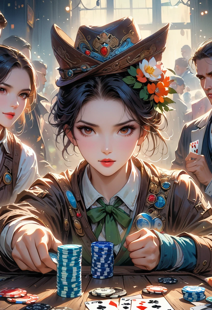 A retro game of poker, (best quality, highres, HDR, realistic), vivid colors, extreme detail description, (concept artists), vintage playing cards, antique wooden table, old-school poker chips, classic card combinations, players wearing stylish vintage outfits, smoky room, dim lighting, intense expressions, (portrait:1.1) of players' faces, hands holding cards, (realistic shadows), (bokeh) effect on the background, intense atmosphere, (professional), (sharp focus).