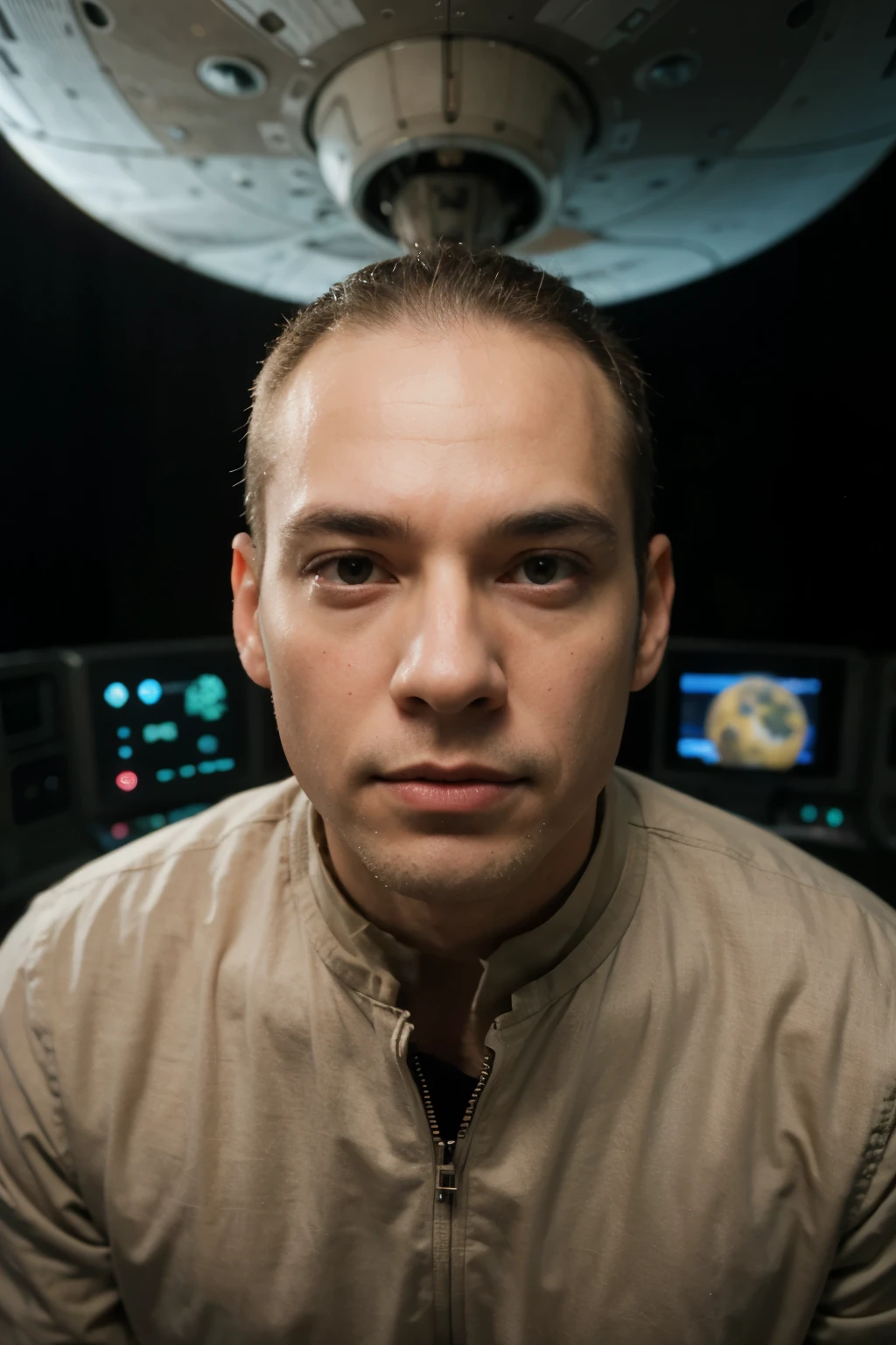 A man whose head looks like earth and is from another planet and has a spaceship behind him