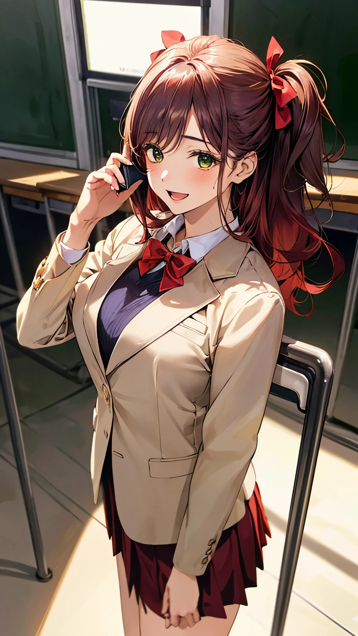 (masterpiece:1.3, top-quality, ultra high res, ultra detailed), (realistic, photorealistic:1.4), beautiful illustration, perfect lighting, natural lighting, colorful, depth of fields,
looking at viewer, cowboy shot, front view, 1 girl, japanese, high school girl, perfect face, cute and symmetrical face, shiny skin,
(long hair:1.2, ((two side up:1.2)), purple hair), break, emerald green eyes, (large breasts:0.8, seductive thighs), slender,
beautiful hair, beautiful face, beautiful detailed eyes, beautiful clavicle, beautiful body, beautiful chest, beautiful thigh, beautiful legs, beautiful fingers,
((private , red pleated skirt with gold line, white blouse shirt, (beige blazer with purple line, close blazer), red bow tie), red hair ribbon),
(beautiful scenery), evening, (school class room, blackboard, lecture desk, altar), standing, (holding a phone), (lovely smile, upper eyes, open mouth),